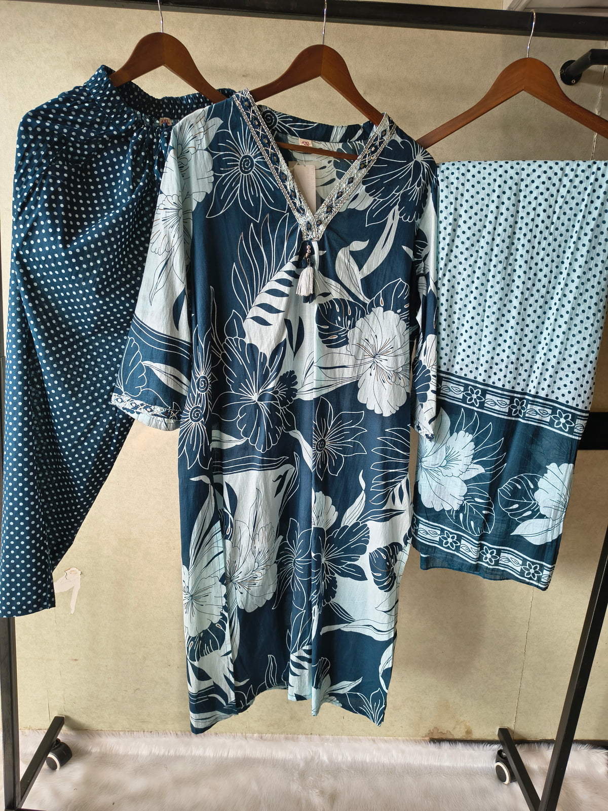 Premium Navy Blue Floral Printed Kurta Set with Polka Dot Pants & Printed Dupatta