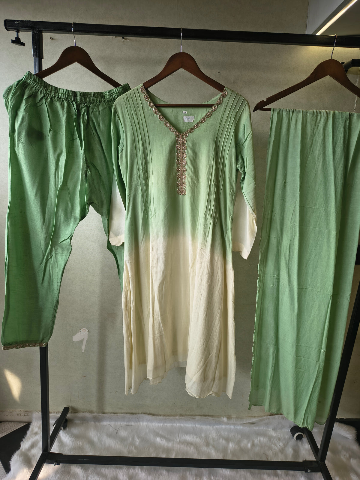 Mint Green Ombre Silk Blend Kurta Set with Embellished Neckline & Matching Dupatta – Premium 3 Piece Ethnic Ensemble
