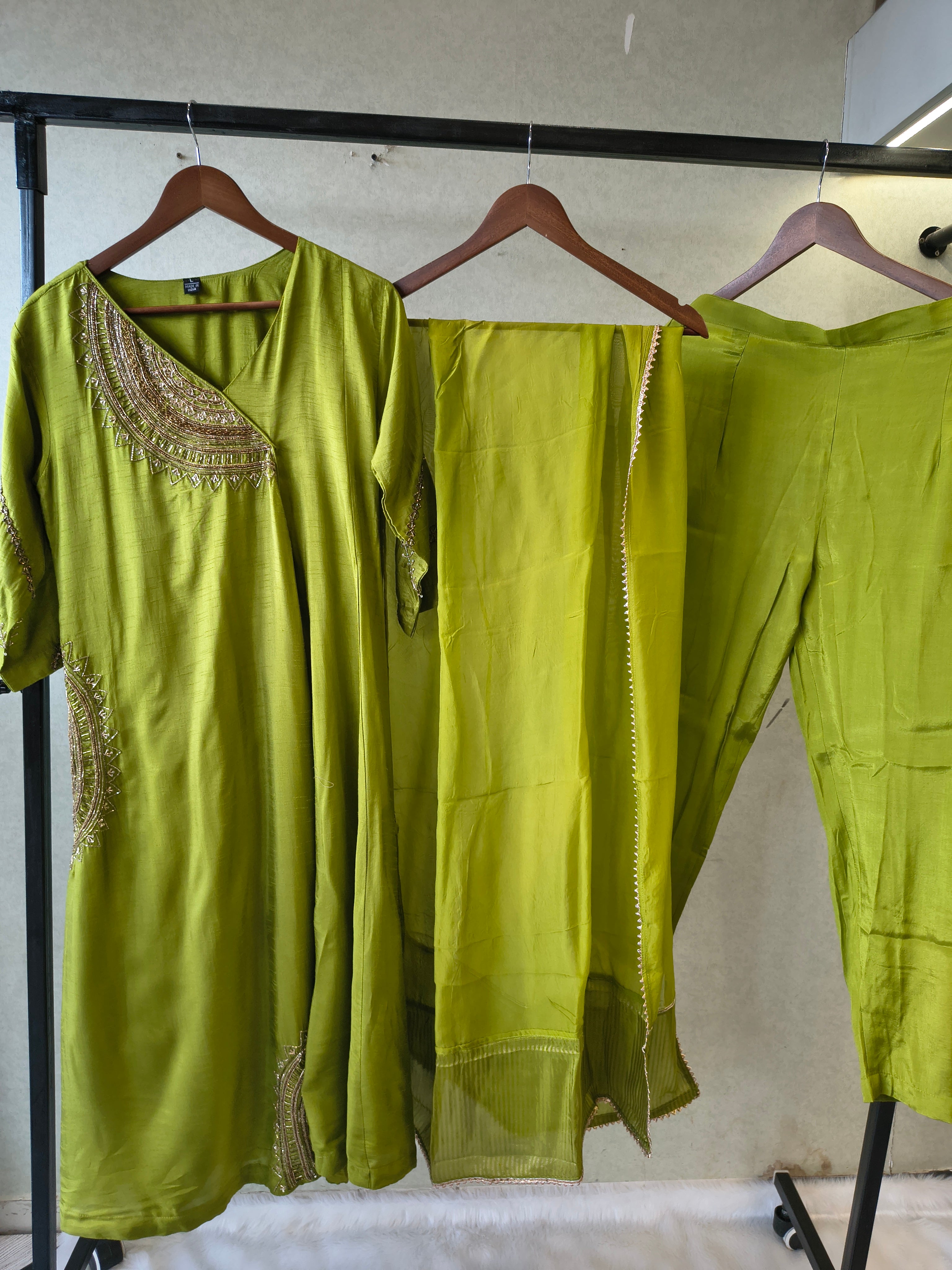 Image of Lime Green Hand-Embroidered Designer Kurta Set with Organza Dupatta | Premium 3 Piece Ethnic Suit