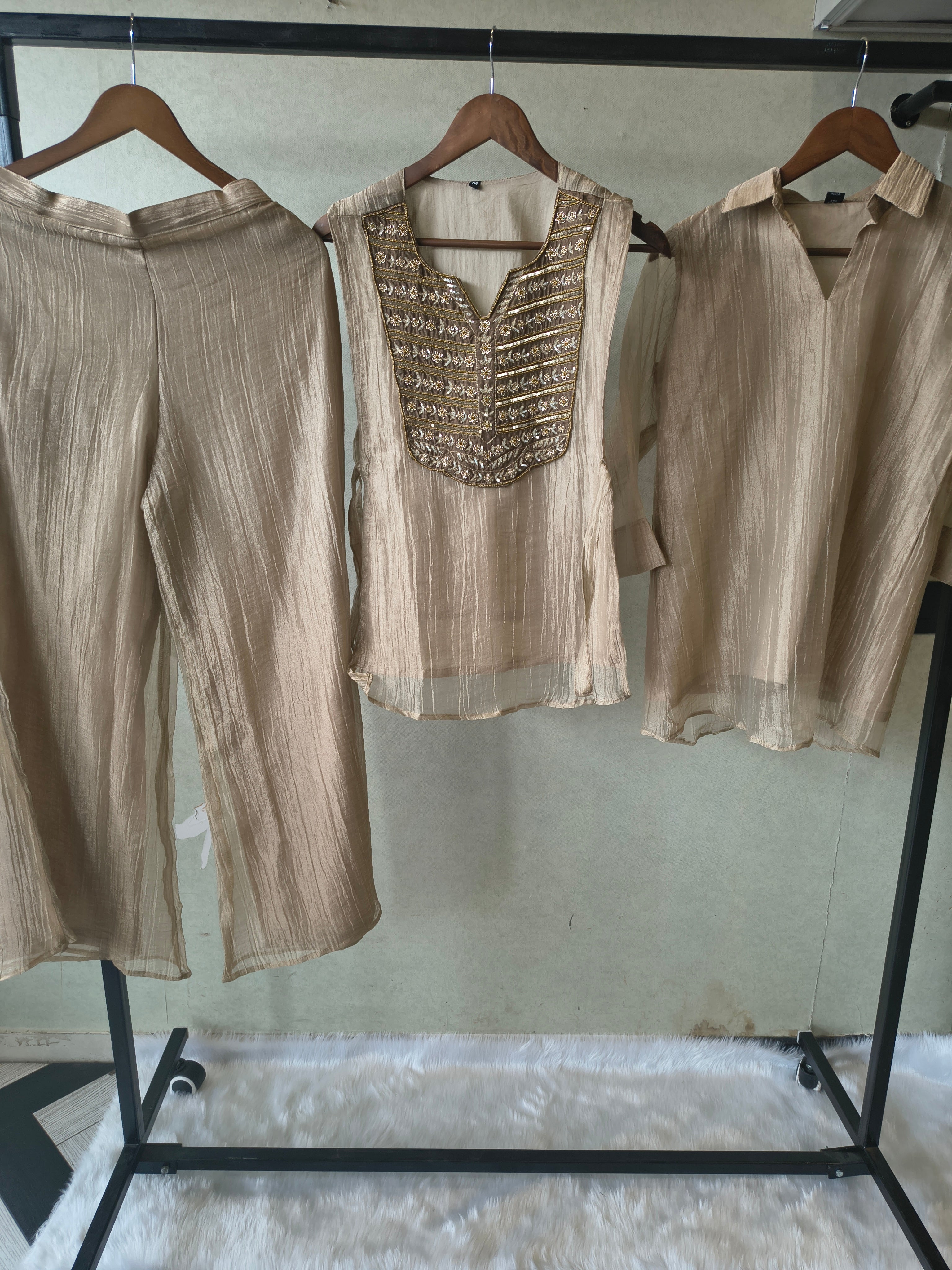 Image of Premium Champagne Gold Tissue Silk 3-Piece Co-Ord Set with Antique Zari Embroidered Jacket, Inner & Palazzo