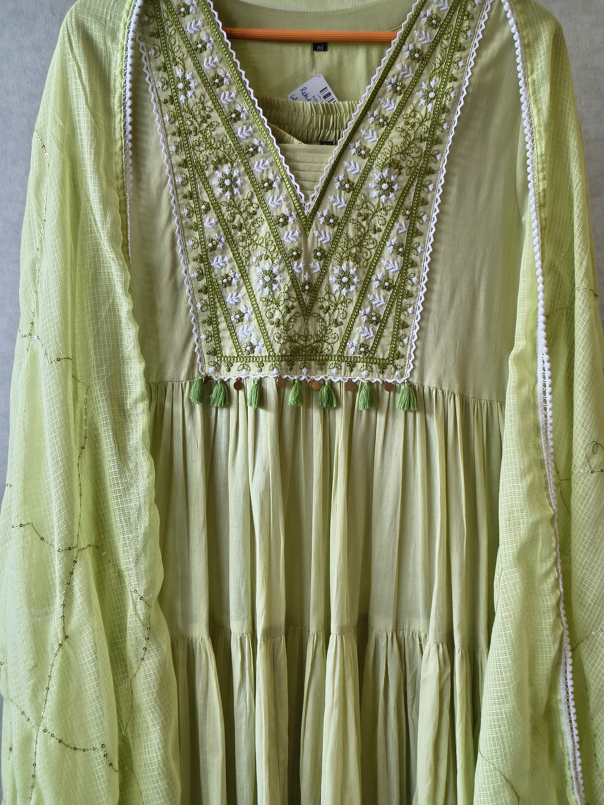Lime Green Cotton Tiered Kurta Set with Embroidered Yoke & Quilted Dupatta
