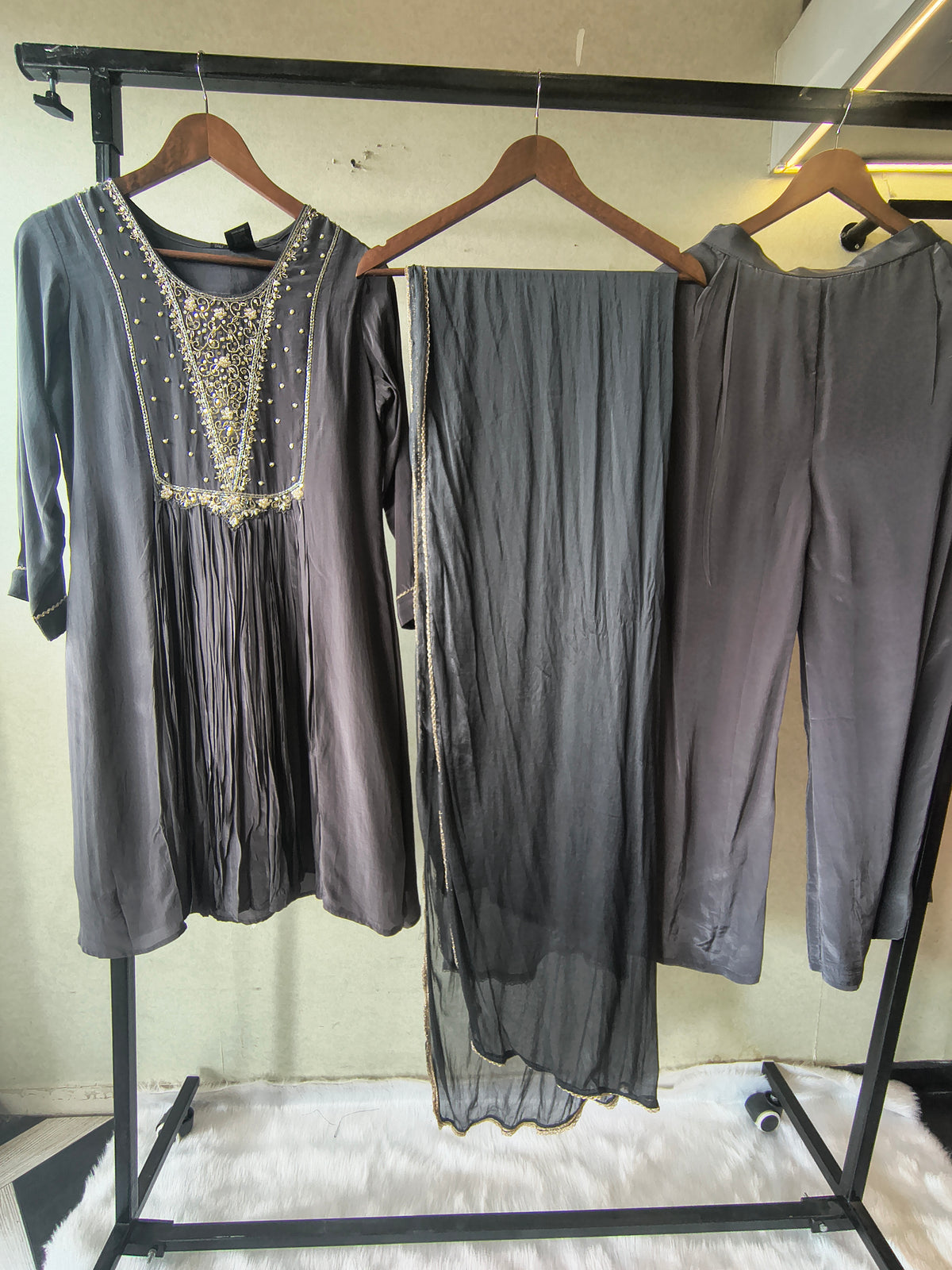 Charcoal Grey Hand Embroidered Anarkali Kurta Set with Churidar Pants & Sheer Dupatta – Premium 3 Piece Festive Ensemble