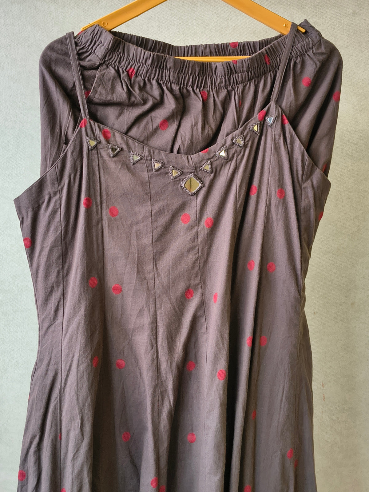 Premium Charcoal Grey Polka Dot Cotton Sleeveless A-Line Kurta & Pant Co-Ord Set