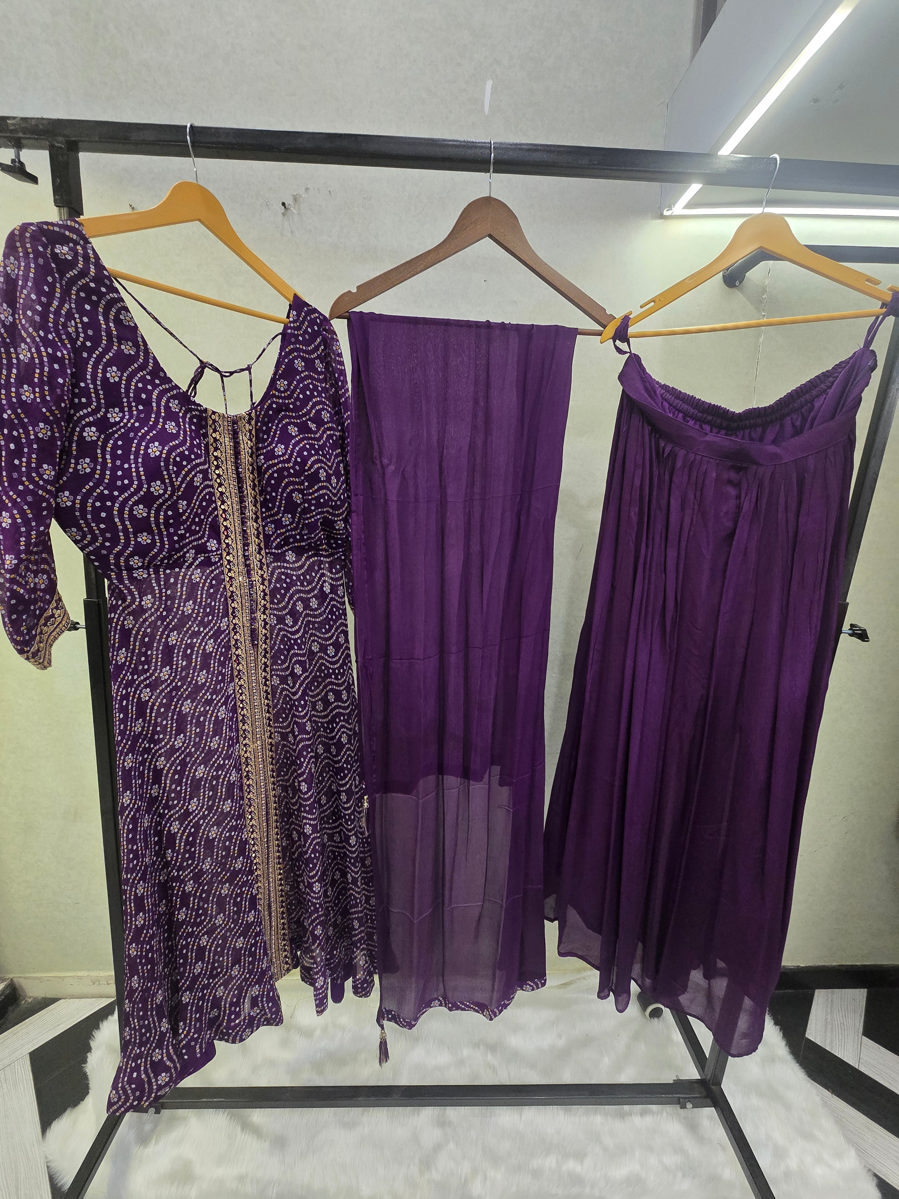 Image of Royal Purple Bandhani Print Anarkali Kurta Set with Embellished Front Panel & Flared Palazzo | Premium 3 Piece Festive Ensemble