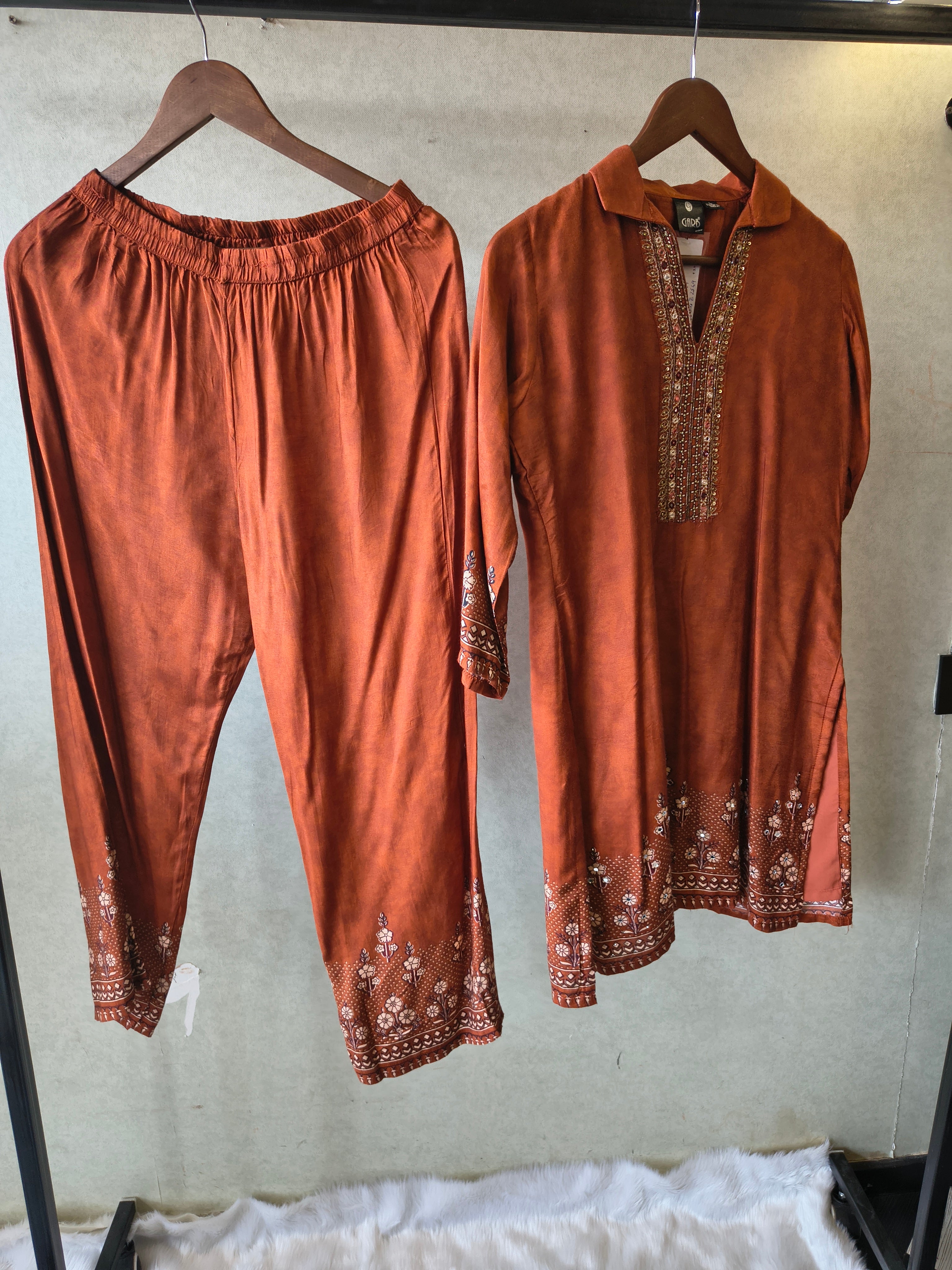 Image of Rust Brown Designer Ethnic Co-Ord Set with Embellished Neckline & Printed Borders