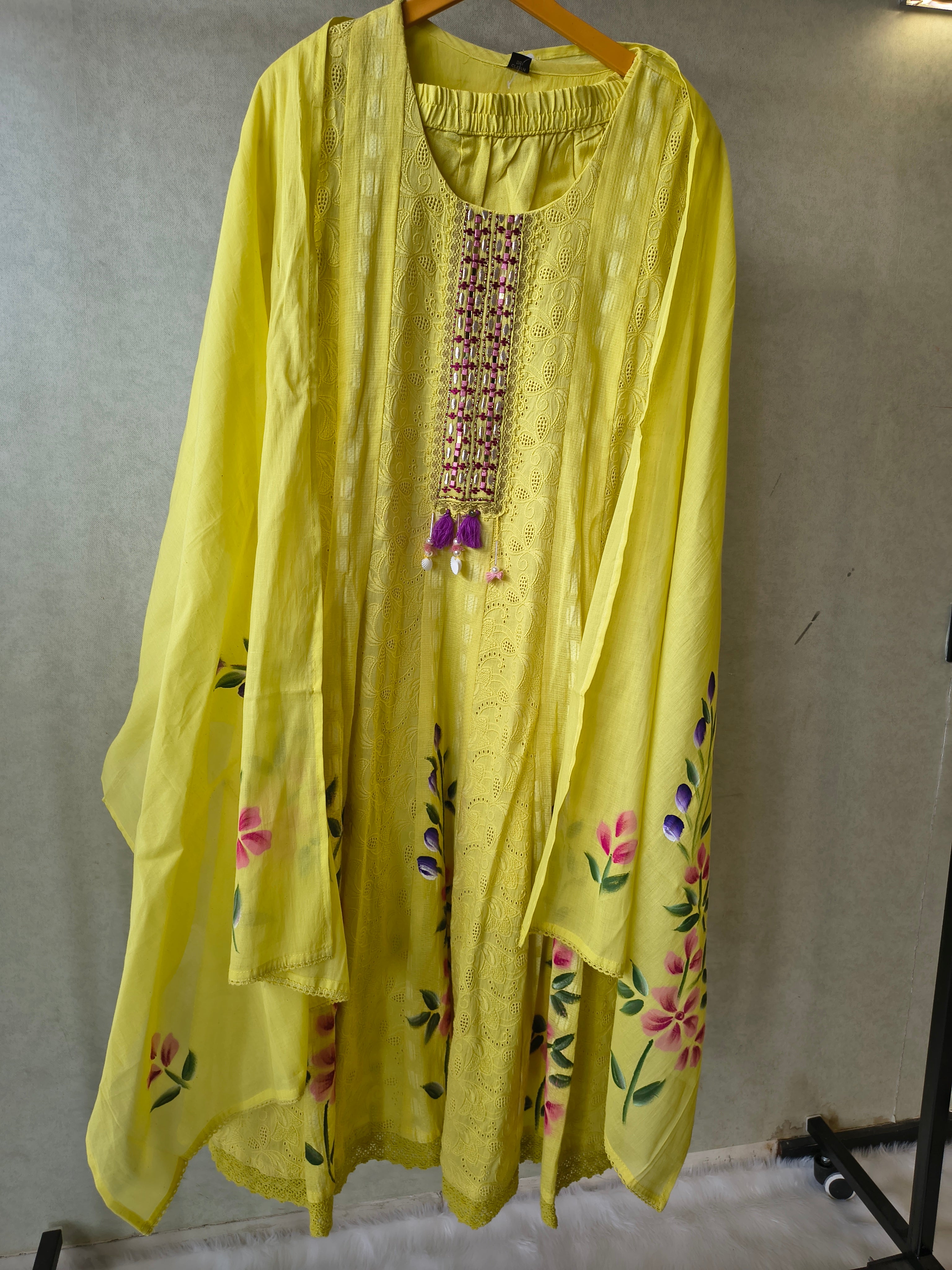 Image of Premium Sunshine Yellow Schiffli Embroidered Kurta Set with Floral Handwork & Dupatta