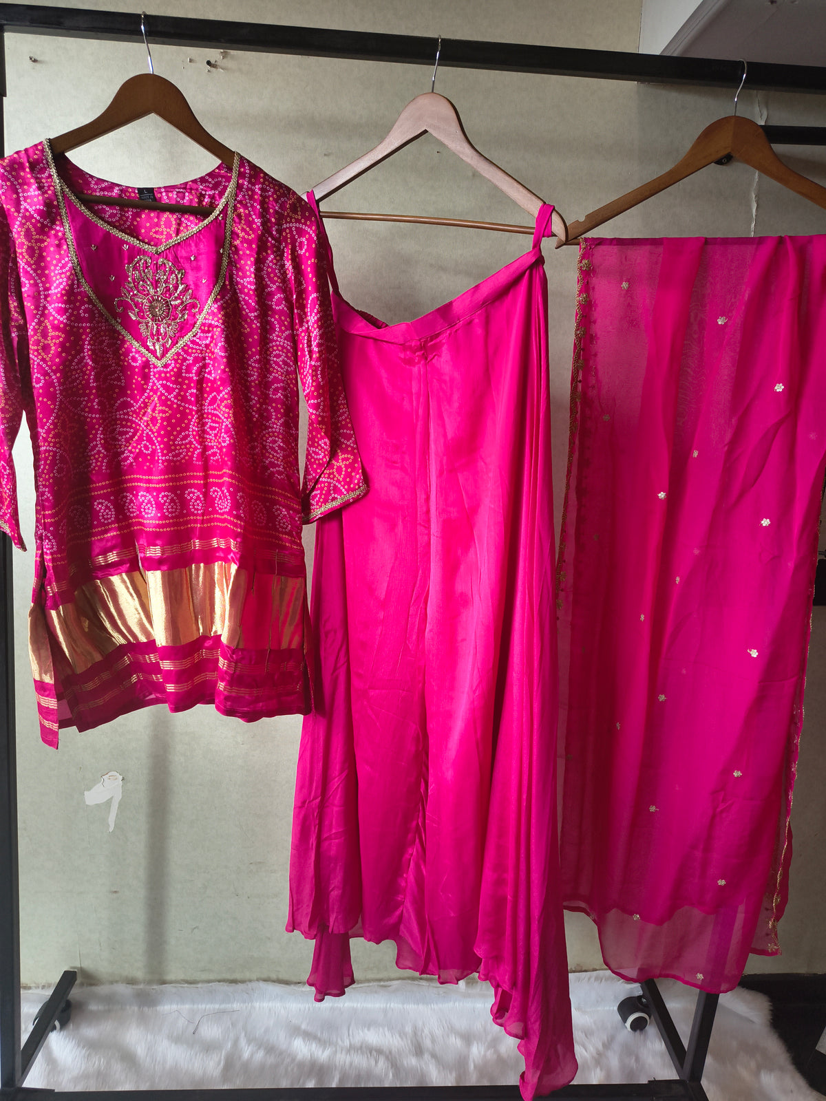 Rani Pink Bandhani Sharara Set with Zari Border & Embroidered Dupatta – Premium 3 Piece Festive Ensemble