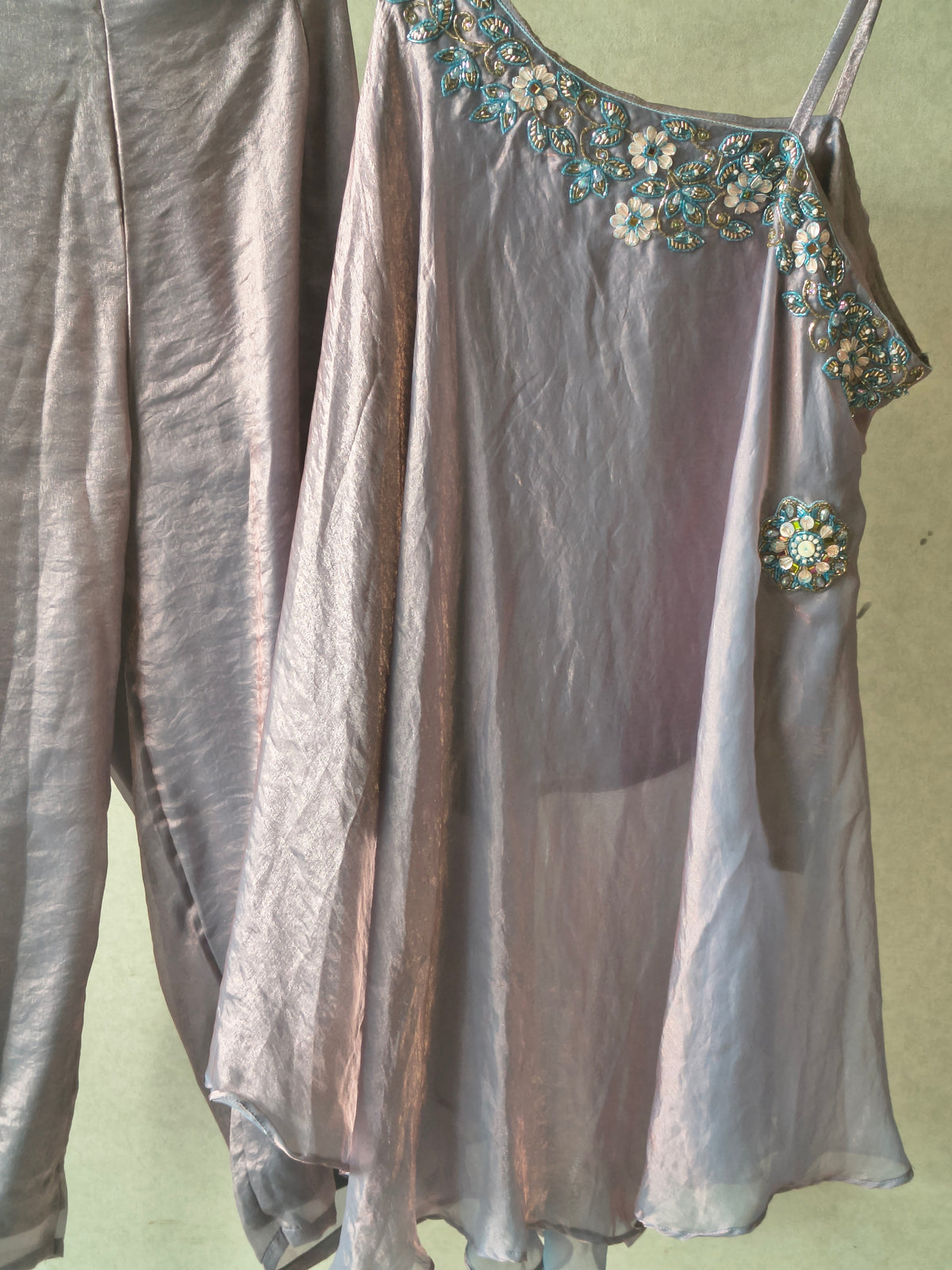 Designer Lilac One-Shoulder Cape Top with Draped Tulip Pants – Luxury Indo-Western Co-Ord Set