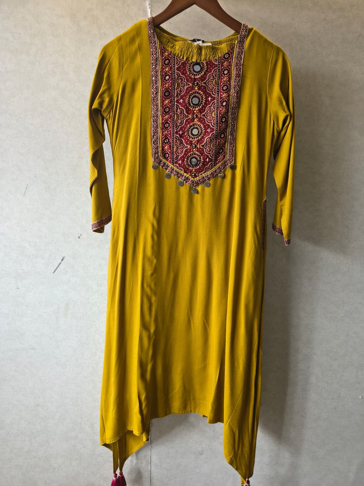 Premium Mustard Ethnic Printed Yoke Kurta Pant Co-Ord Set with Tassel Hem