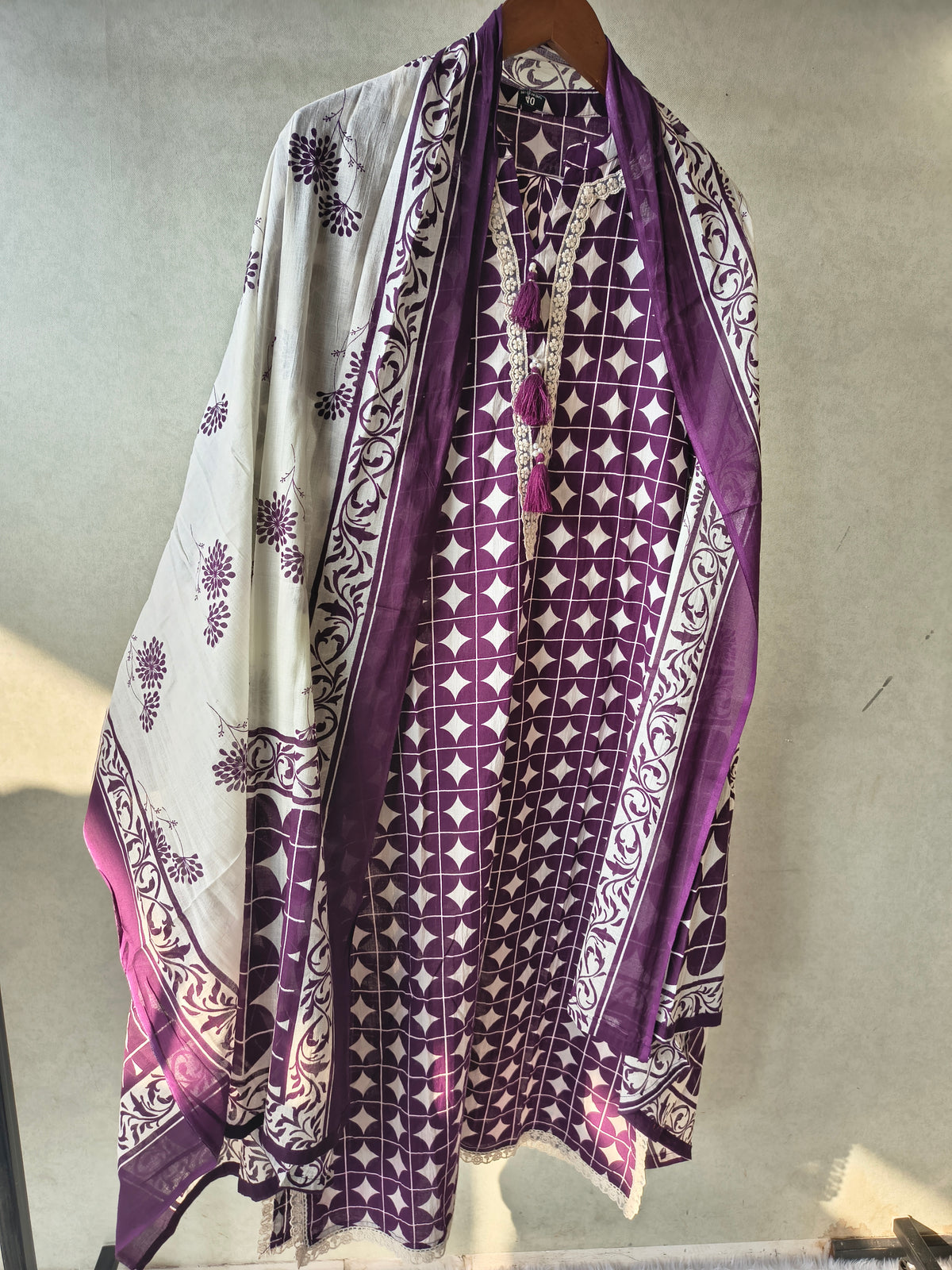 Premium Plum Geometric Printed Cotton Kurta Set with Floral Printed Pants & Dupatta