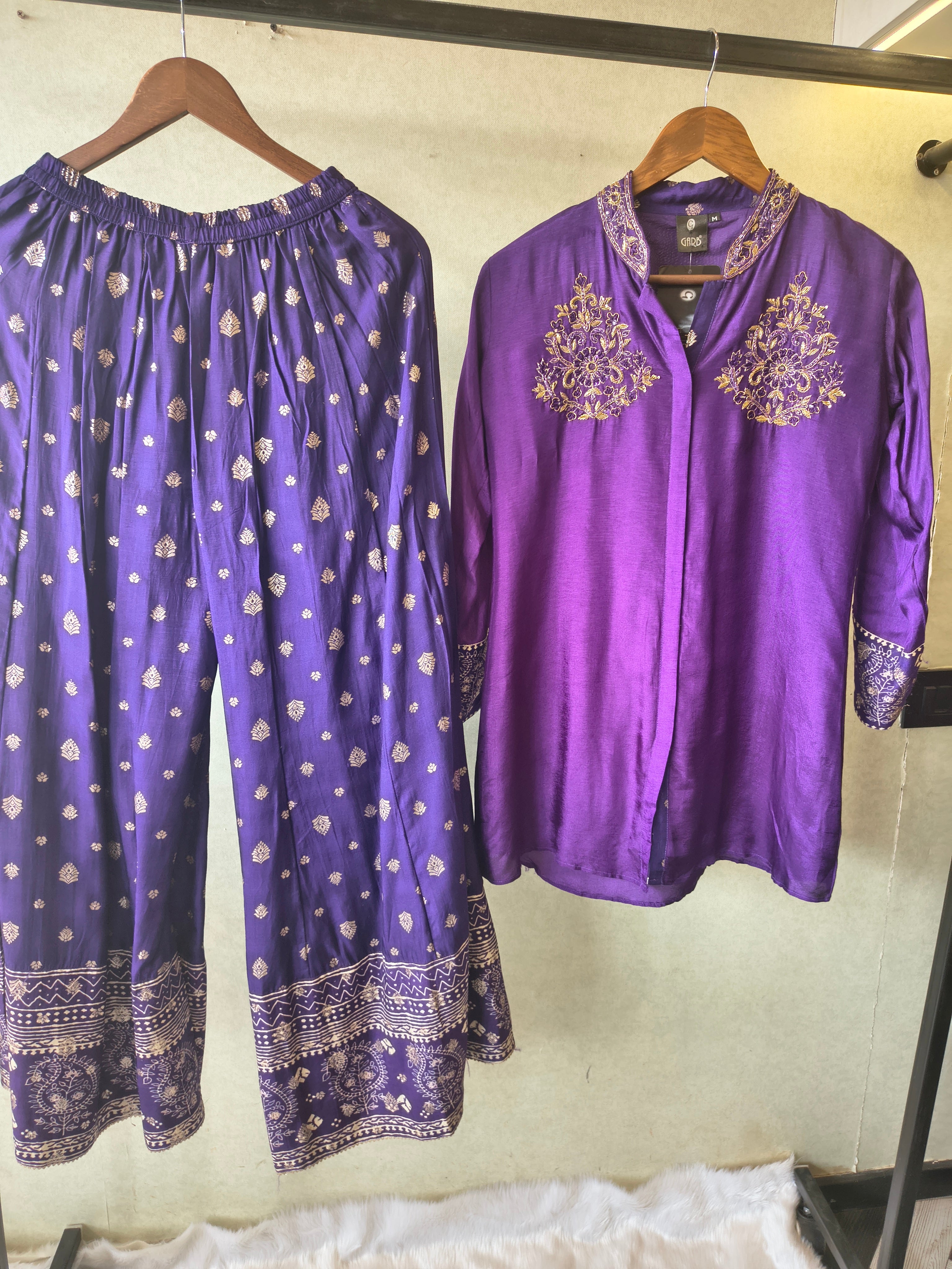 Image of Royal Purple Designer Embroidered Co-Ord Set with Printed Palazzo