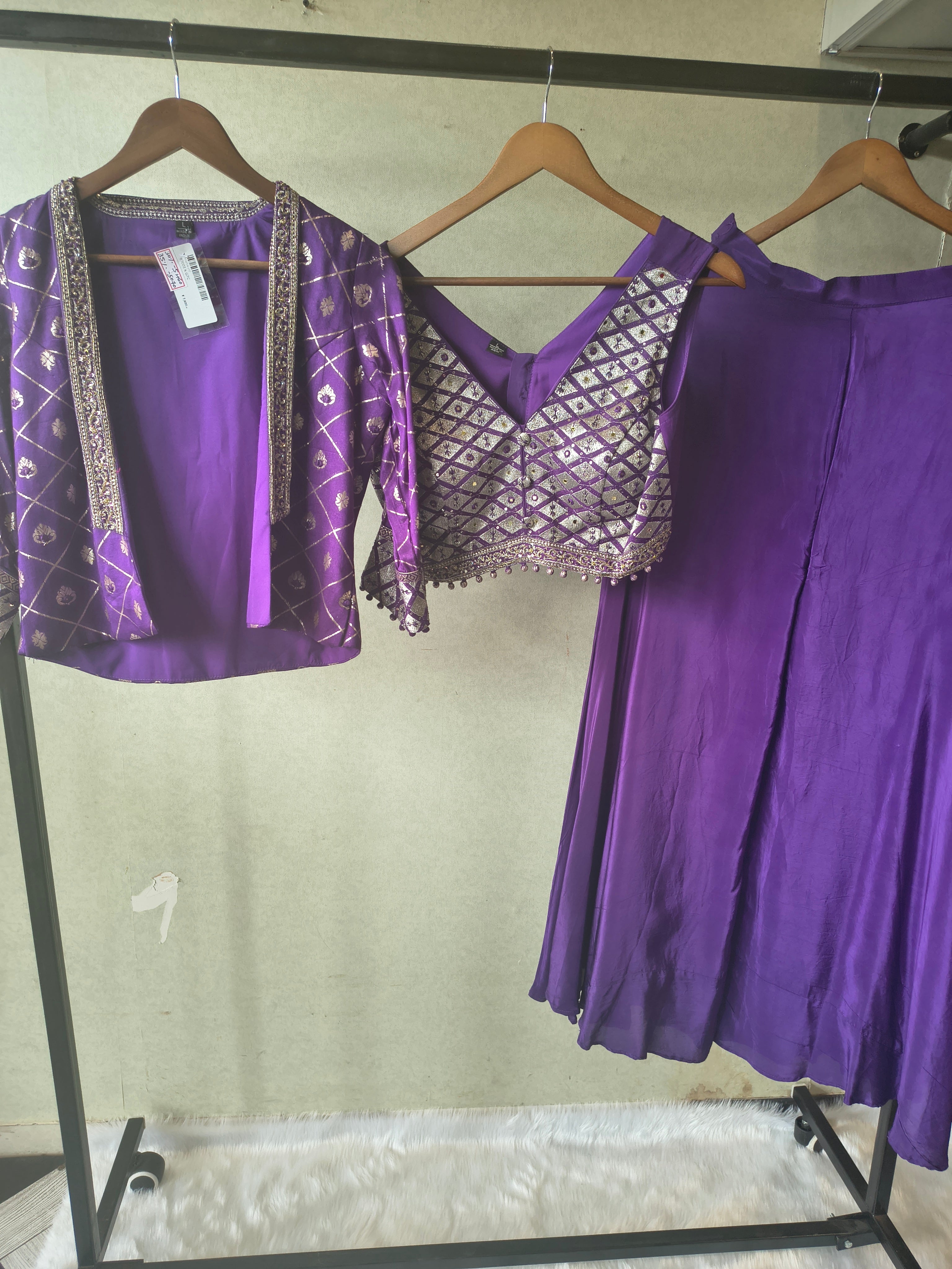 Image of Royal Purple Mirror Embellished Blouse with Printed Jacket & Flared Palazzo – 3 Piece Designer Indo-Western Set