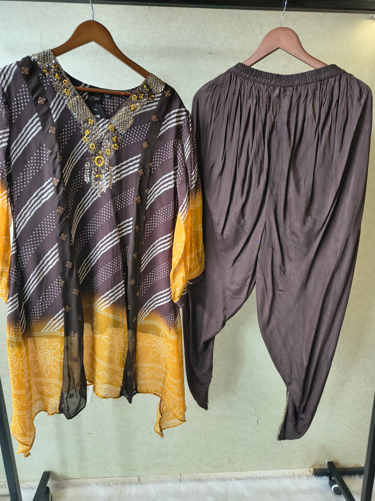 Premium Charcoal & Mustard Bandhani Print Kaftan Kurta with Dhoti Pants Set