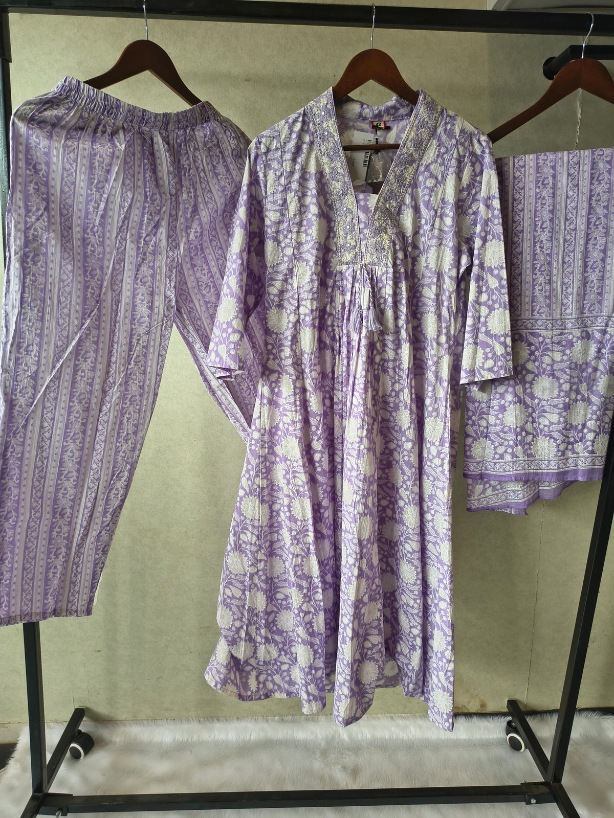 Premium Lavender Floral Printed Cotton Anarkali Kurta Set with Striped Pants & Printed Dupatta