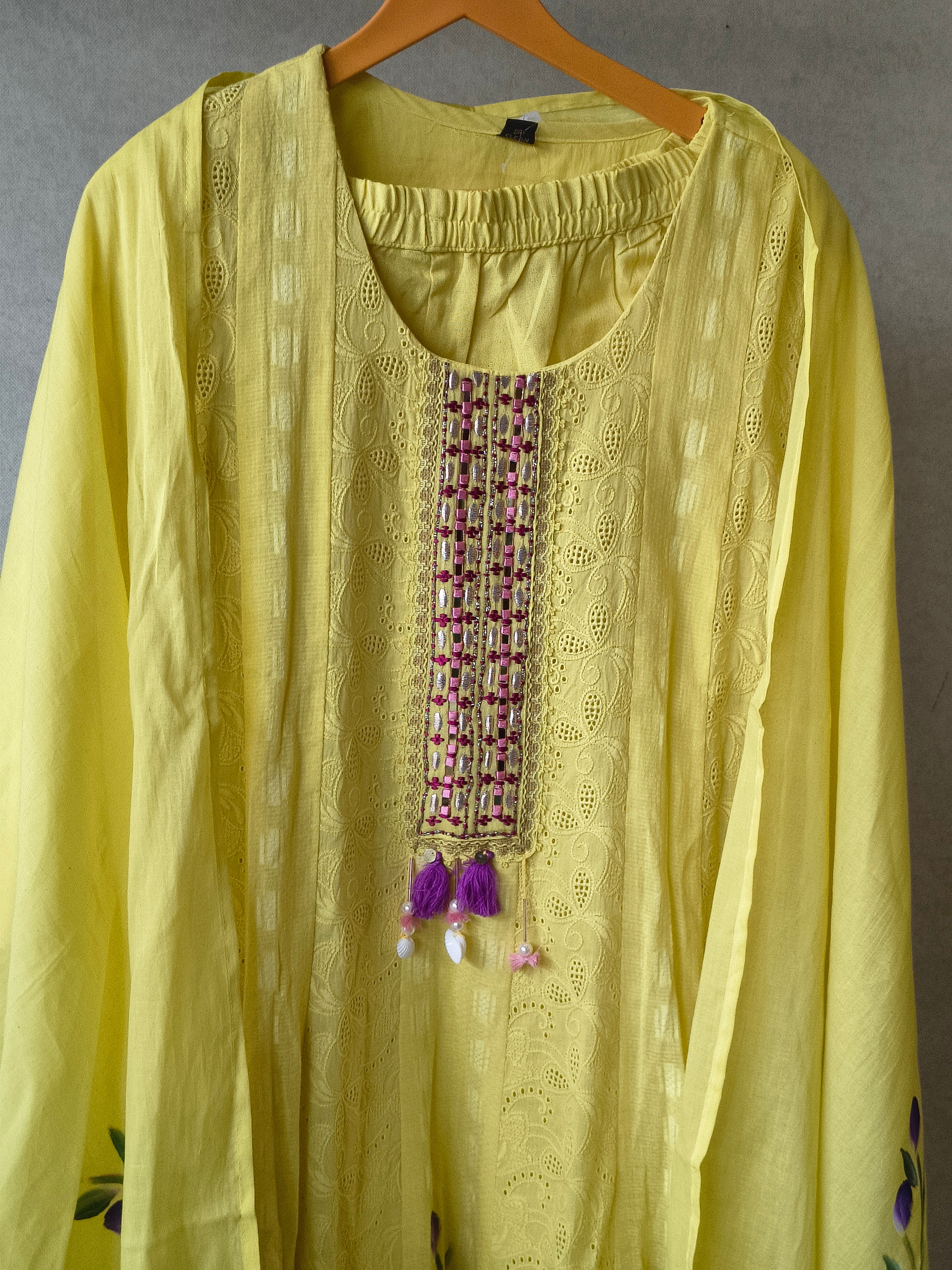 Image of Premium Sunshine Yellow Schiffli Embroidered Kurta Set with Floral Handwork & Dupatta