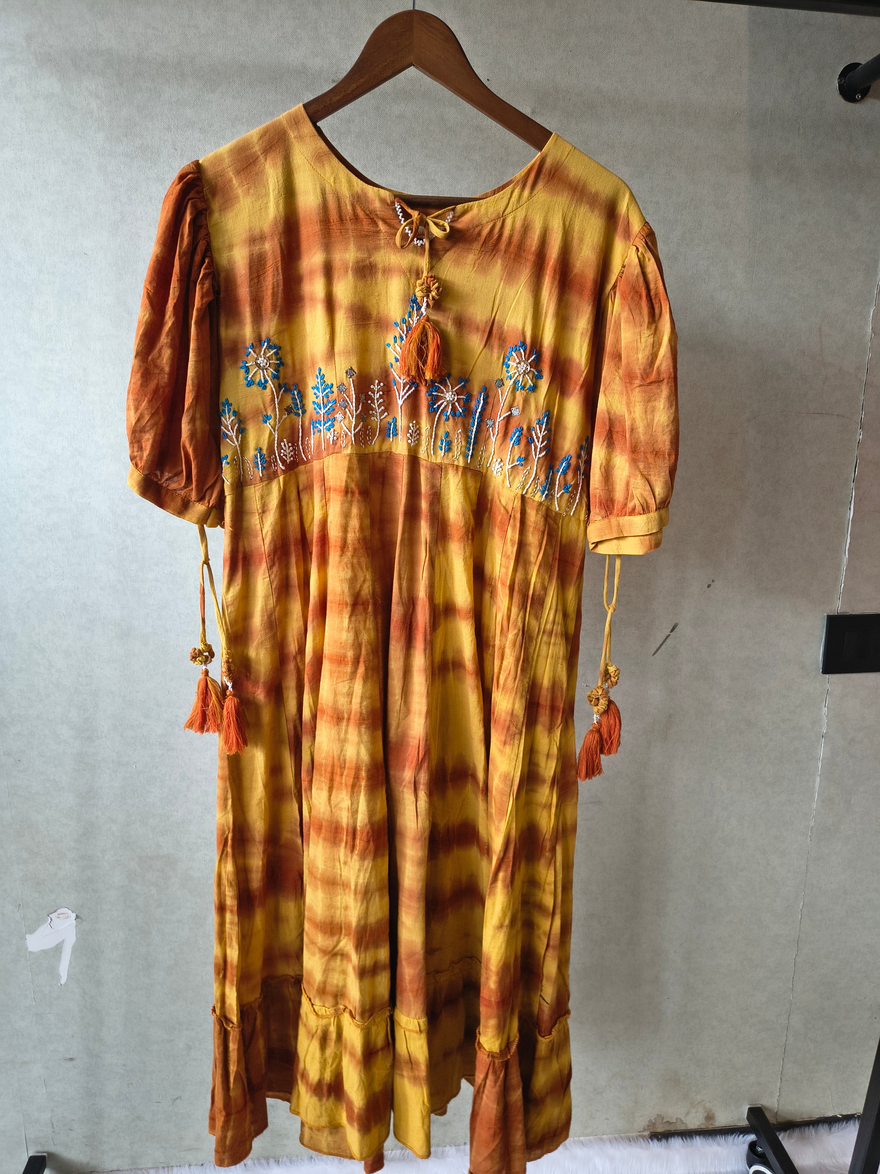Image of Premium Mustard Tie-Dye Embroidered Cotton Flared Dress