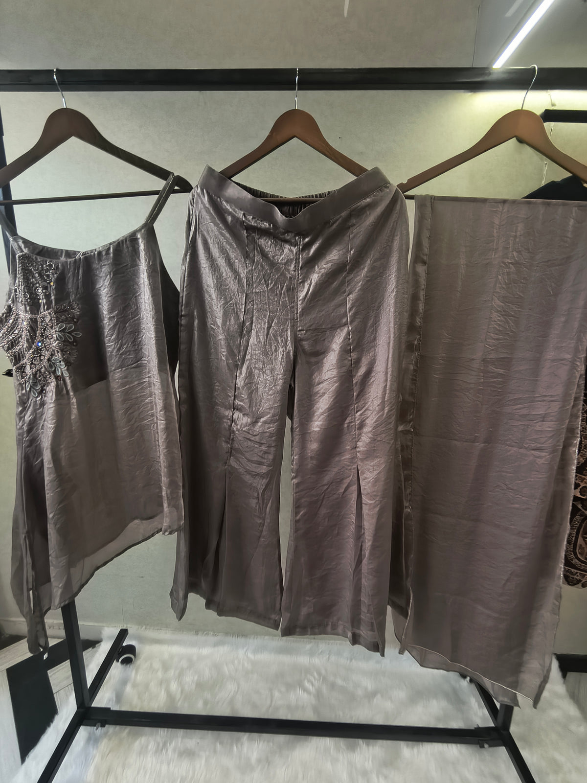 Steel Grey Asymmetrical Embroidered Indo-Western Kurta Set with Straight Pants & Dupatta – 3 Piece Designer Co-Ord Set