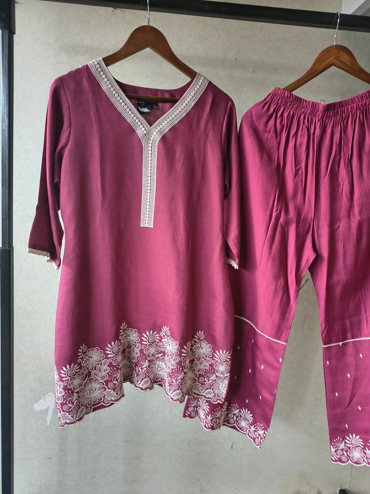 Premium Wine Pink Embroidered Kurta Set with Matching Embroidered Palazzo & Dupatta