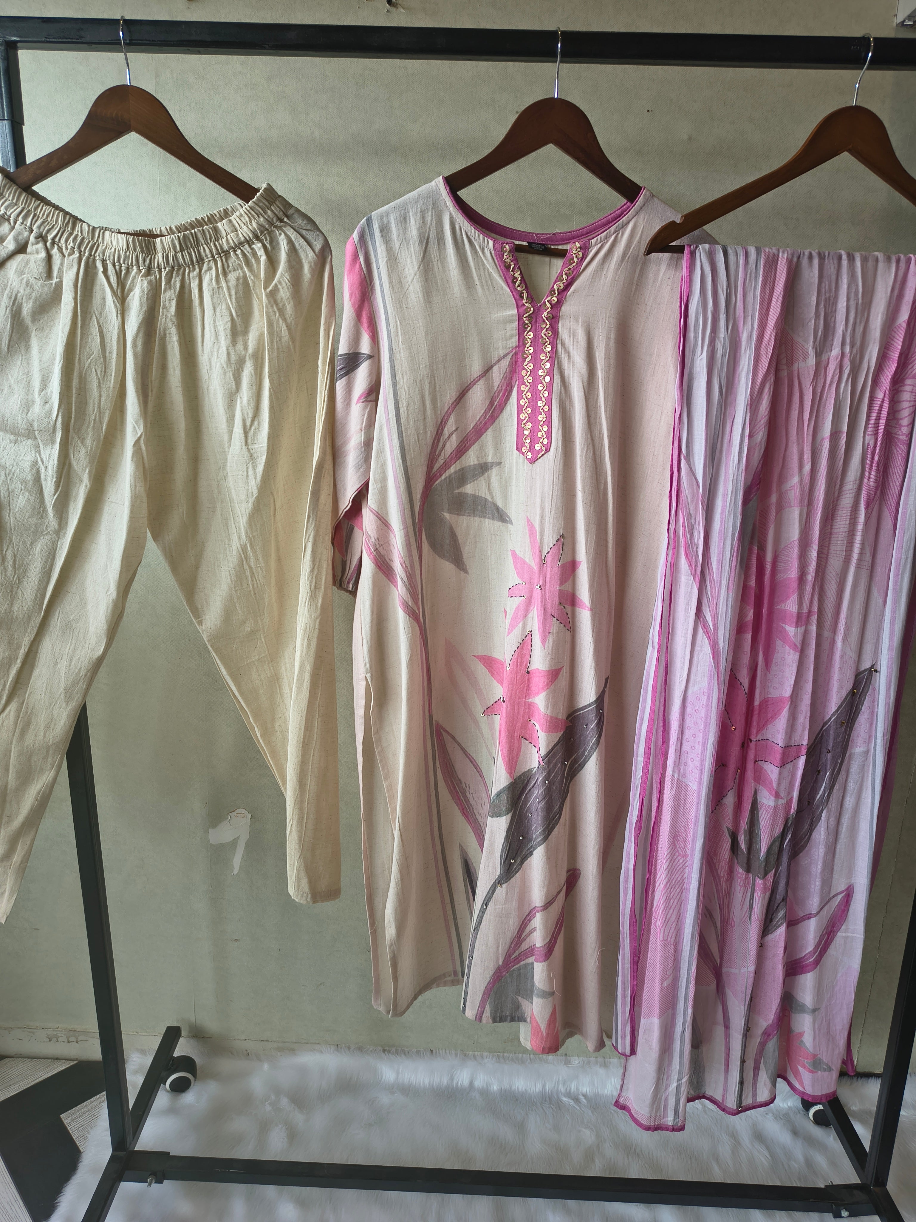 Image of Premium Blush Pink Floral Printed Straight Kurta Set with Churidar Pants & Soft Printed Dupatta