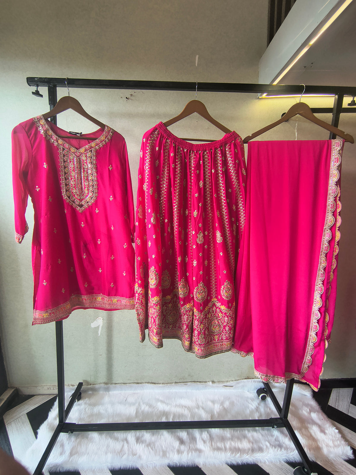 Rani Pink Embroidered Kurta Sharara Set with Scalloped Dupatta – Premium 3 Piece Festive Ensemble