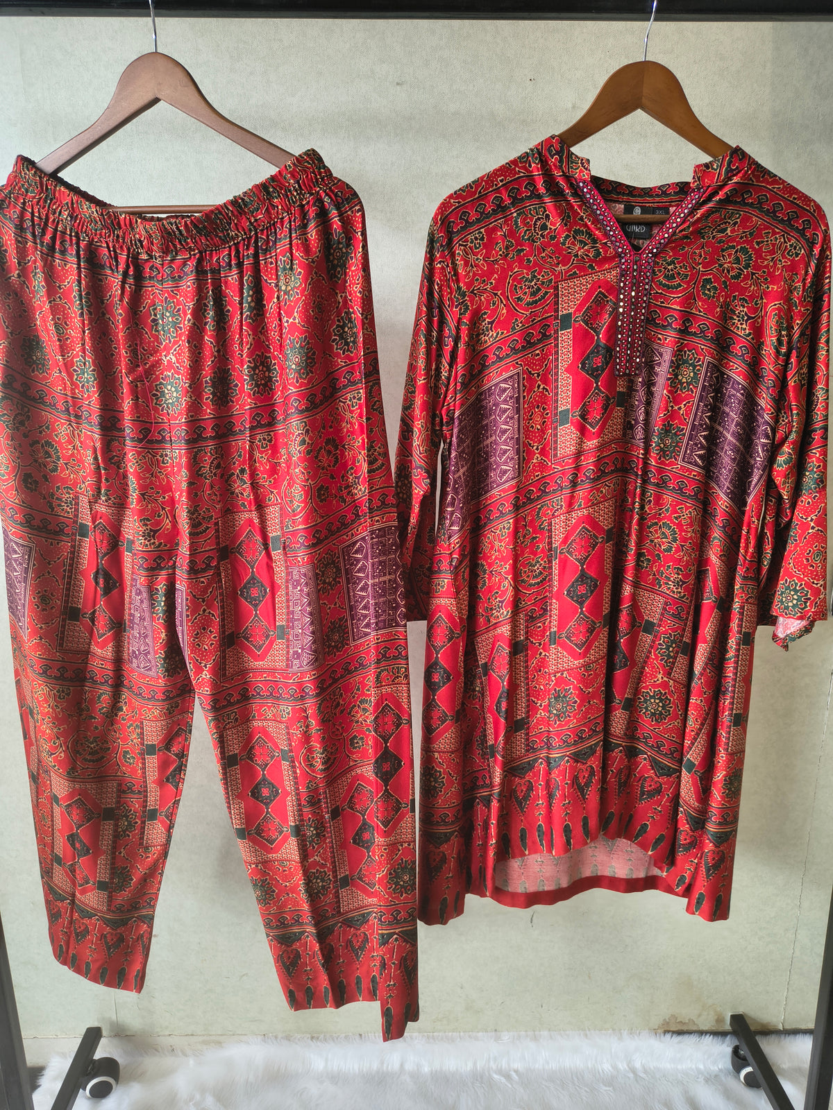 Premium Rust Red Tribal Print Co-Ord Kurta Set with Straight Pants