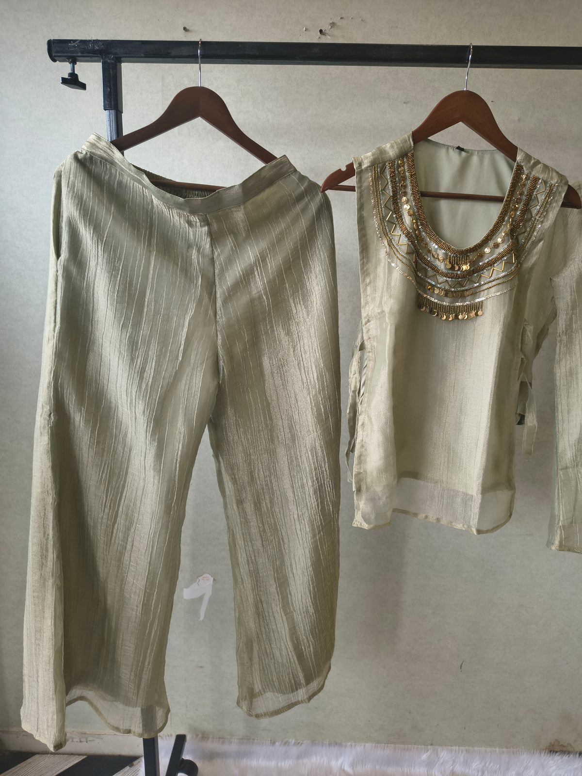 Premium Sage Grey Tissue Silk 3-Piece Co-Ord Set with Antique Hand Embellished Jacket, Inner & Palazzo