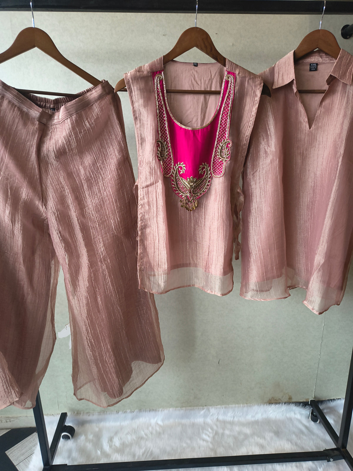 Premium Rose Gold Tissue Silk 3-Piece Co-Ord Set with Hand Embellished Jacket, Inner & Palazzo