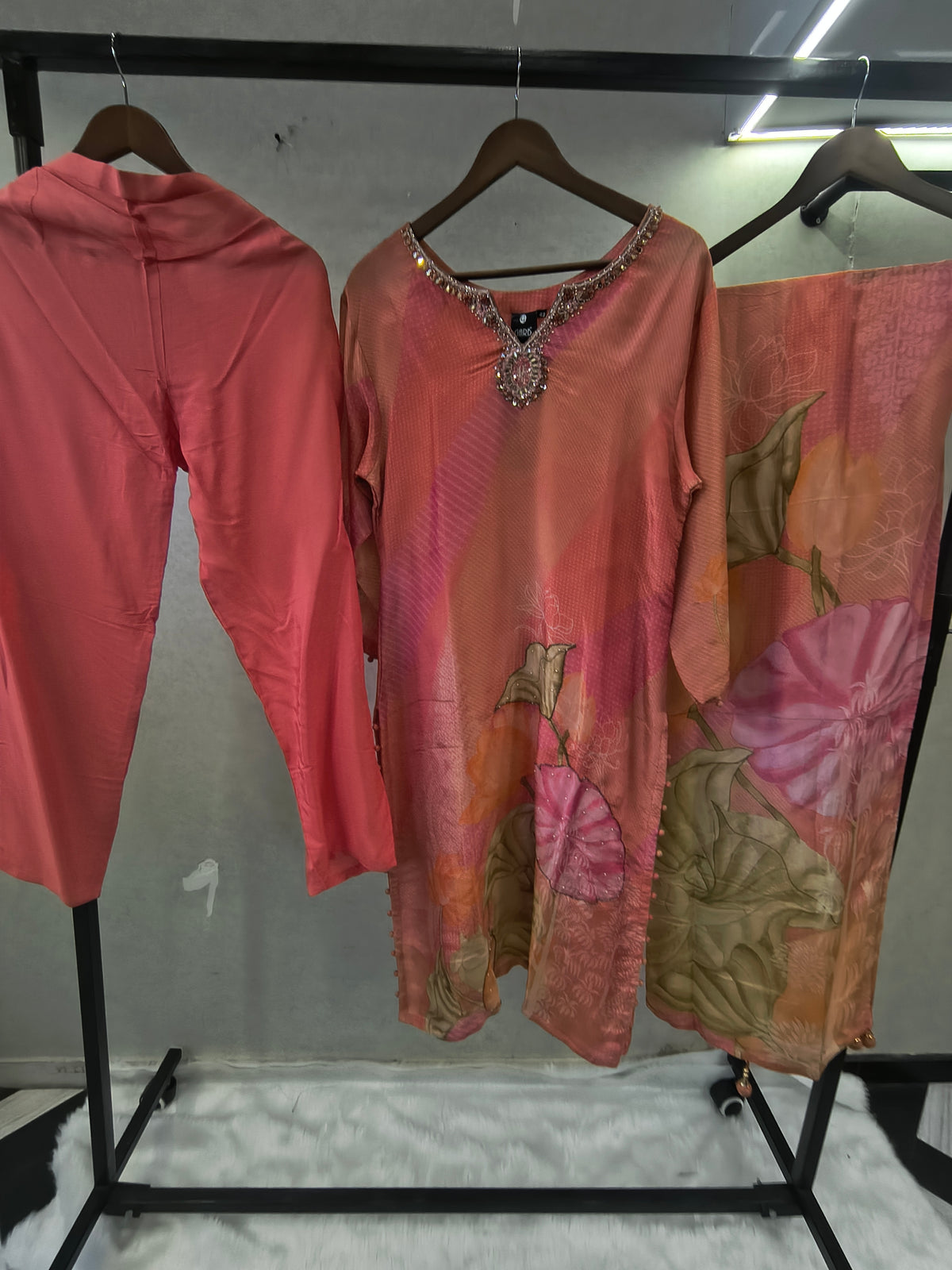 Coral Pink Floral Printed Designer Kurta Set with Embellished Neckline & Printed Dupatta | Premium 3 Piece Festive Ensemble