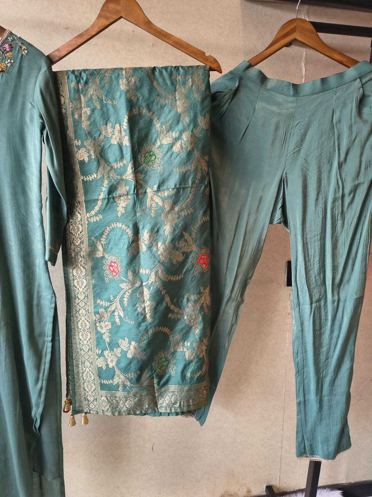 Premium Teal Silk Blend Embroidered Kurta Set with Woven Dupatta & Straight Pants