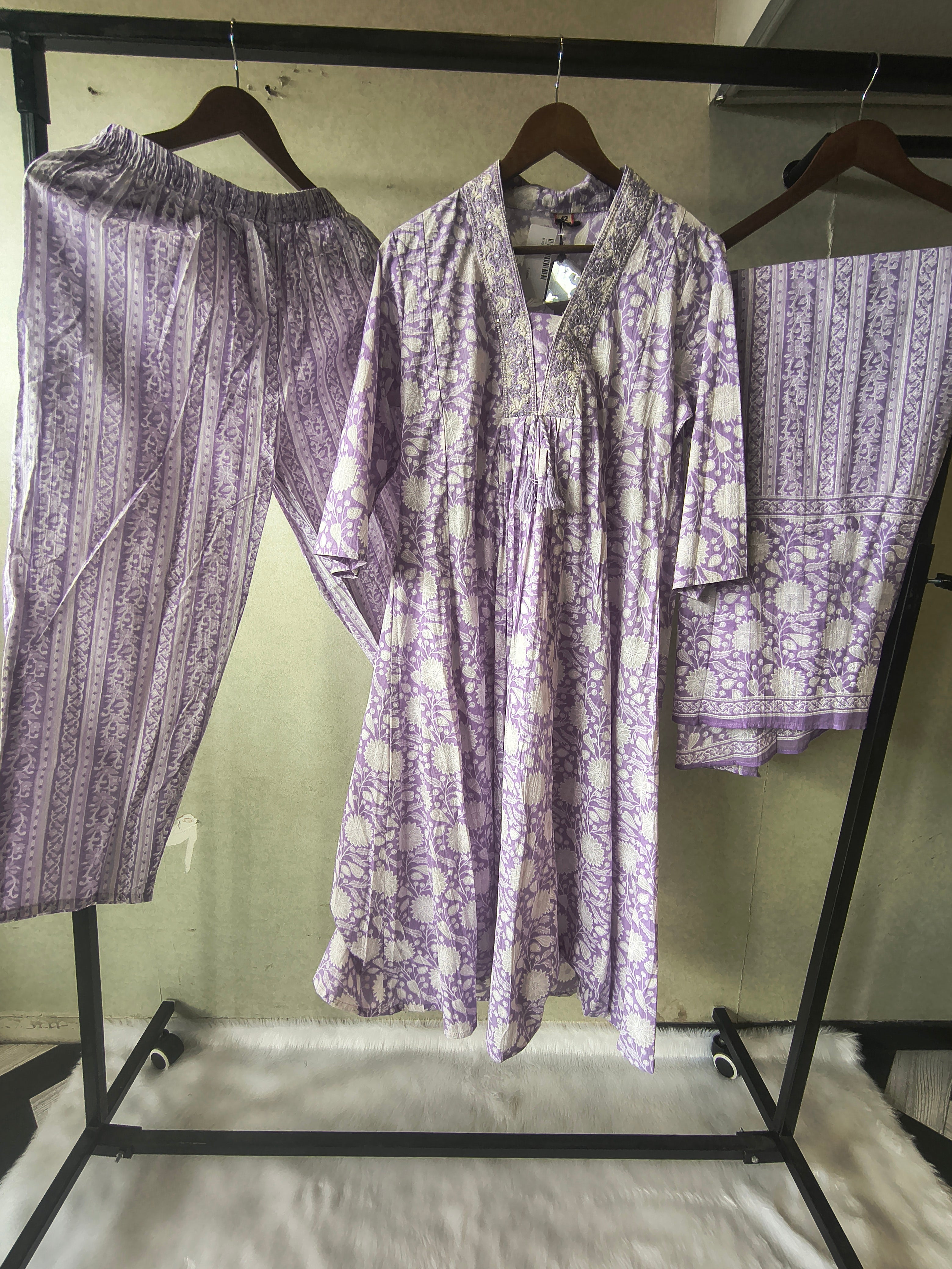 Image of Premium Lavender Floral Printed Cotton Anarkali Kurta Set with Striped Pants & Printed Dupatta