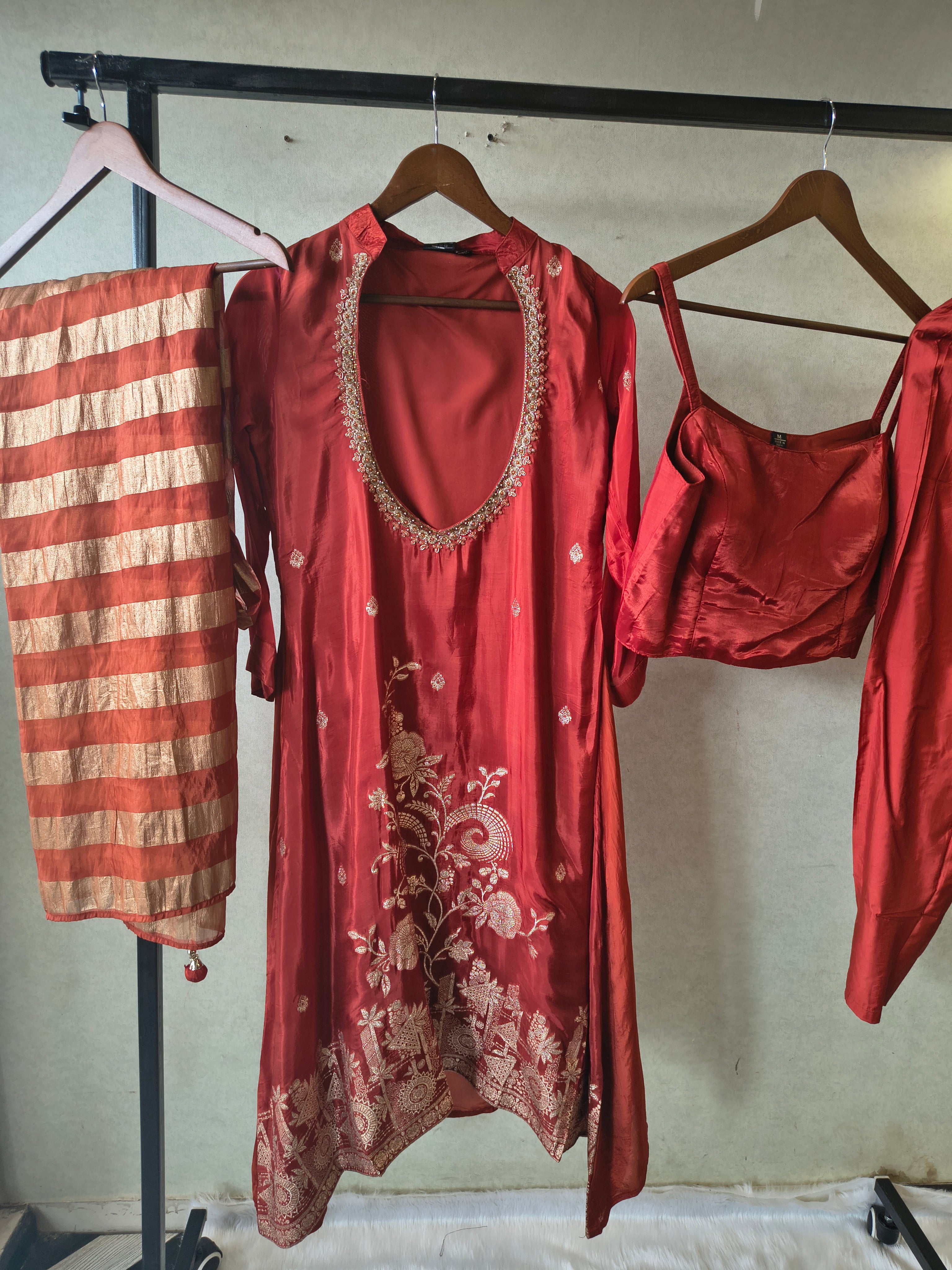 Image of Ruby Red Embroidered Asymmetrical Kurta with Inner, Cigarette Pants & Striped Dupatta – 4 Piece Designer Indo-Western Set