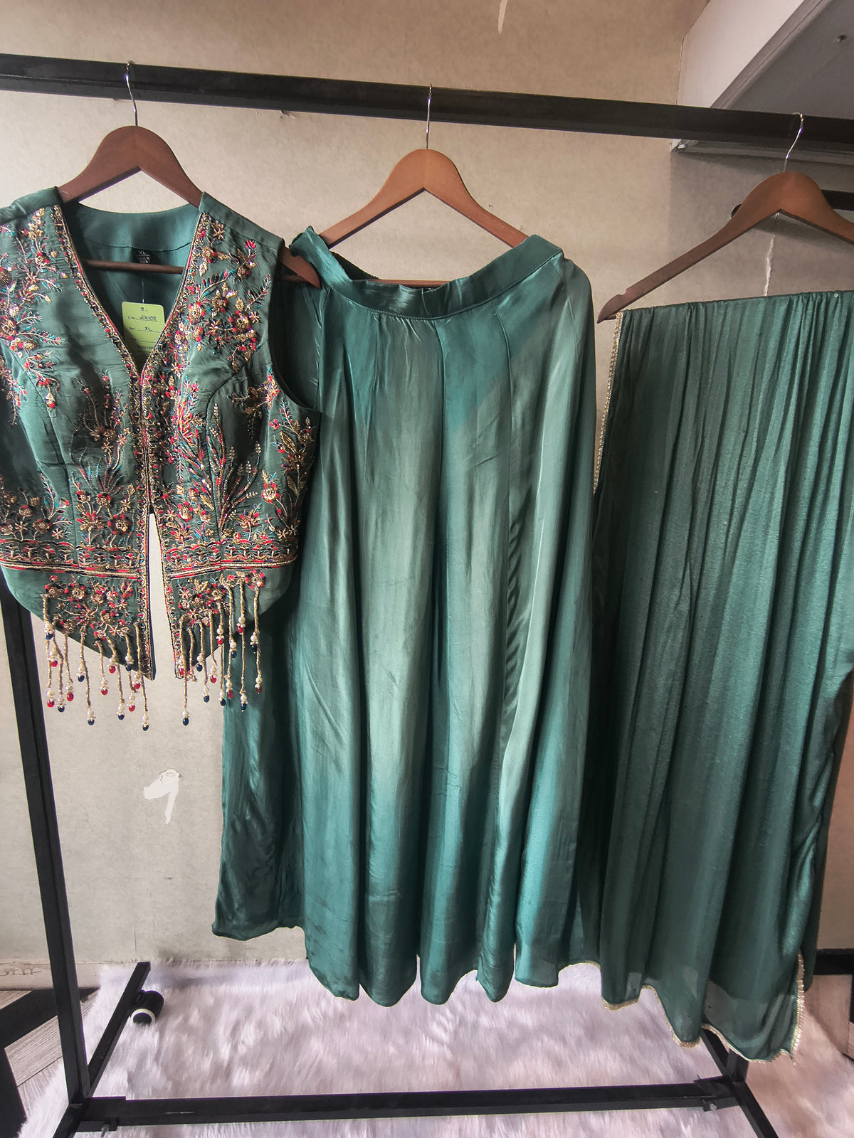 Premium Emerald Green Satin Silk 3-Piece Lehenga Set with Hand Embroidered Crop Jacket & Dupatta