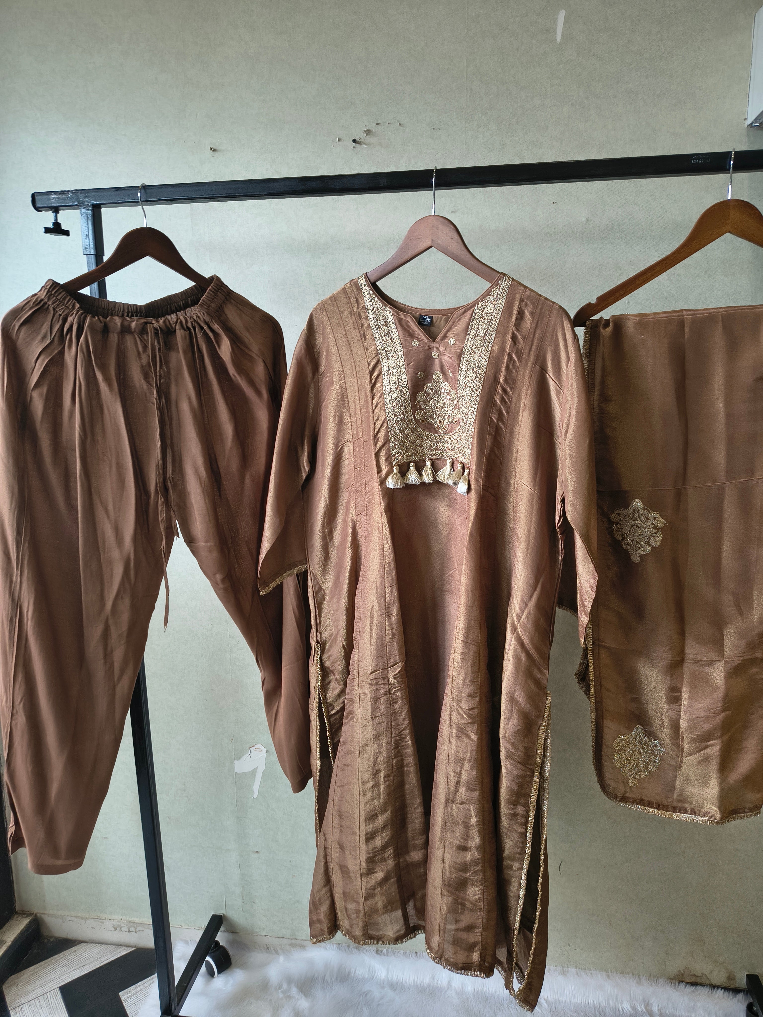 Image of Premium Copper Brown Embroidered A-Line Kurta Set with Dupatta