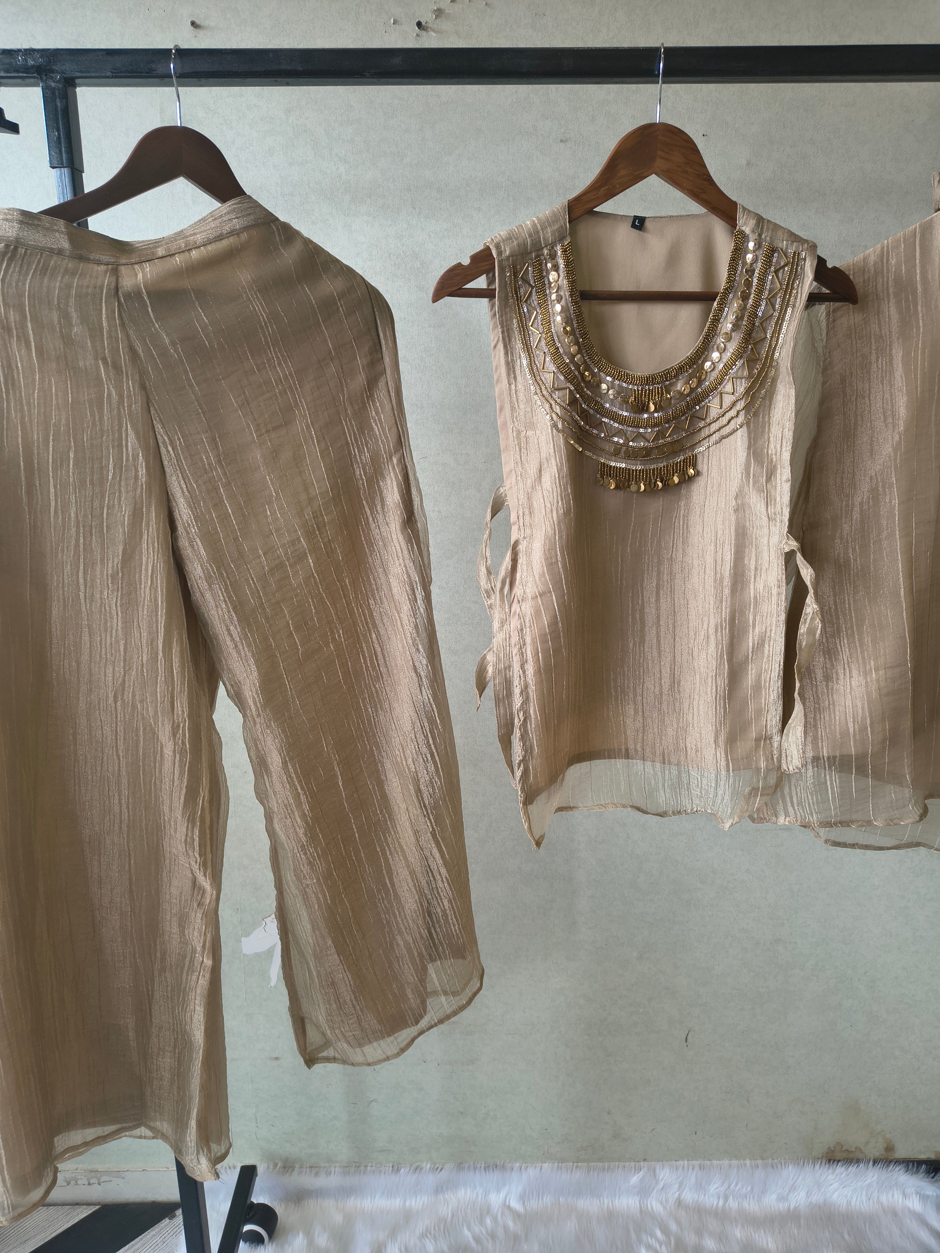 Image of Premium Champagne Tissue Silk 3-Piece Co-Ord Set with Statement Hand Embellished Jacket, Inner & Palazzo