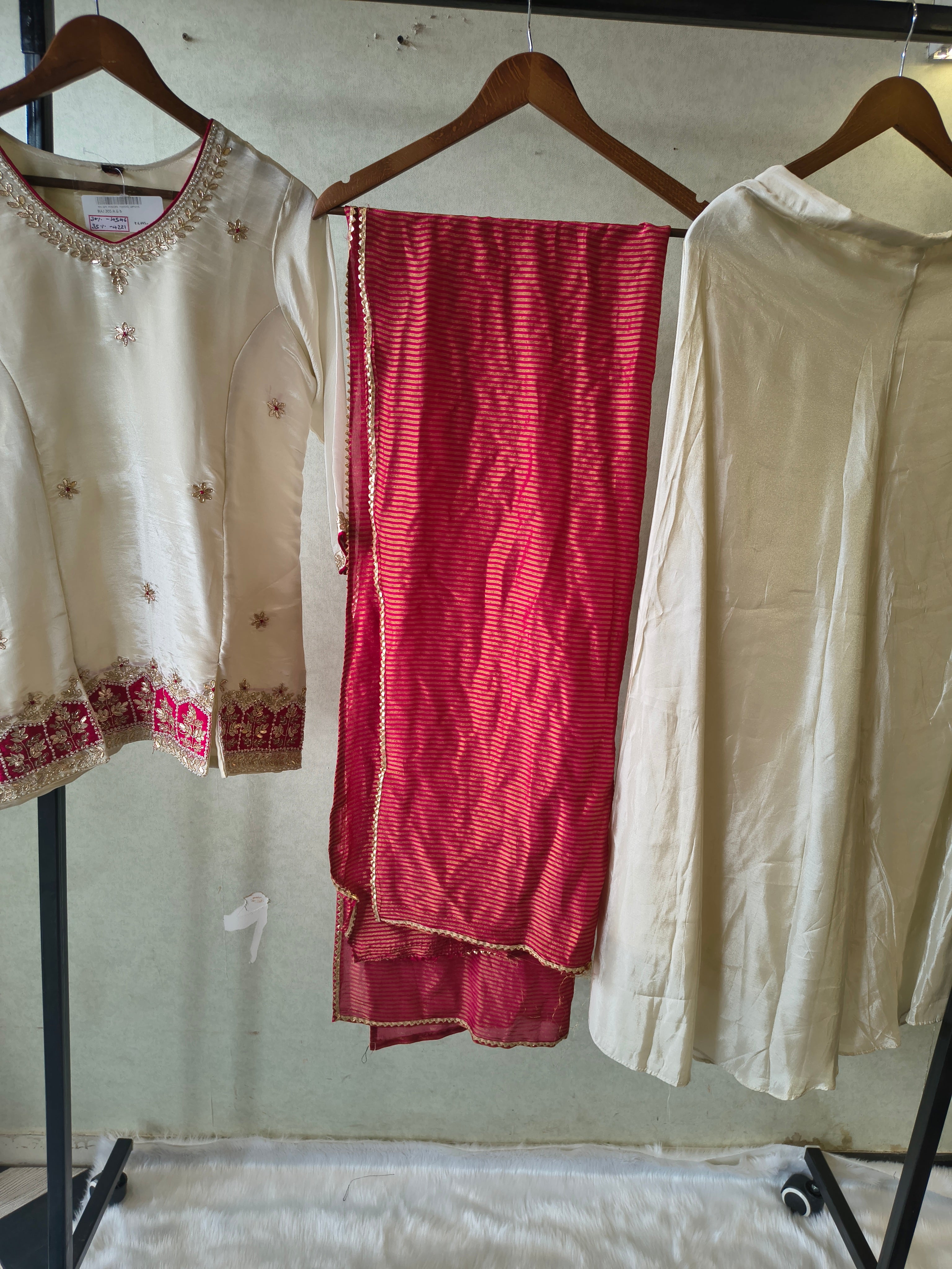 Image of Ivory Tissue Silk Embroidered Kurta with Flared Palazzo & Contrast Pink Leheriya Dupatta – 3 Piece Festive Set