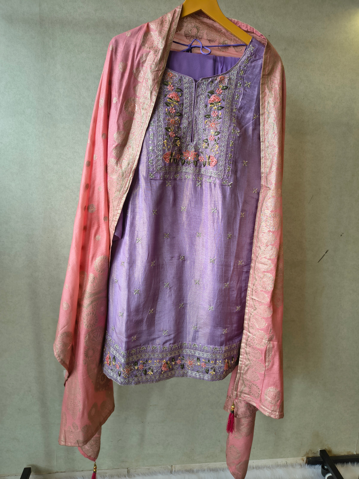 Premium Lavender Embroidered Kurta with Sharara & Banarasi Dupatta Set