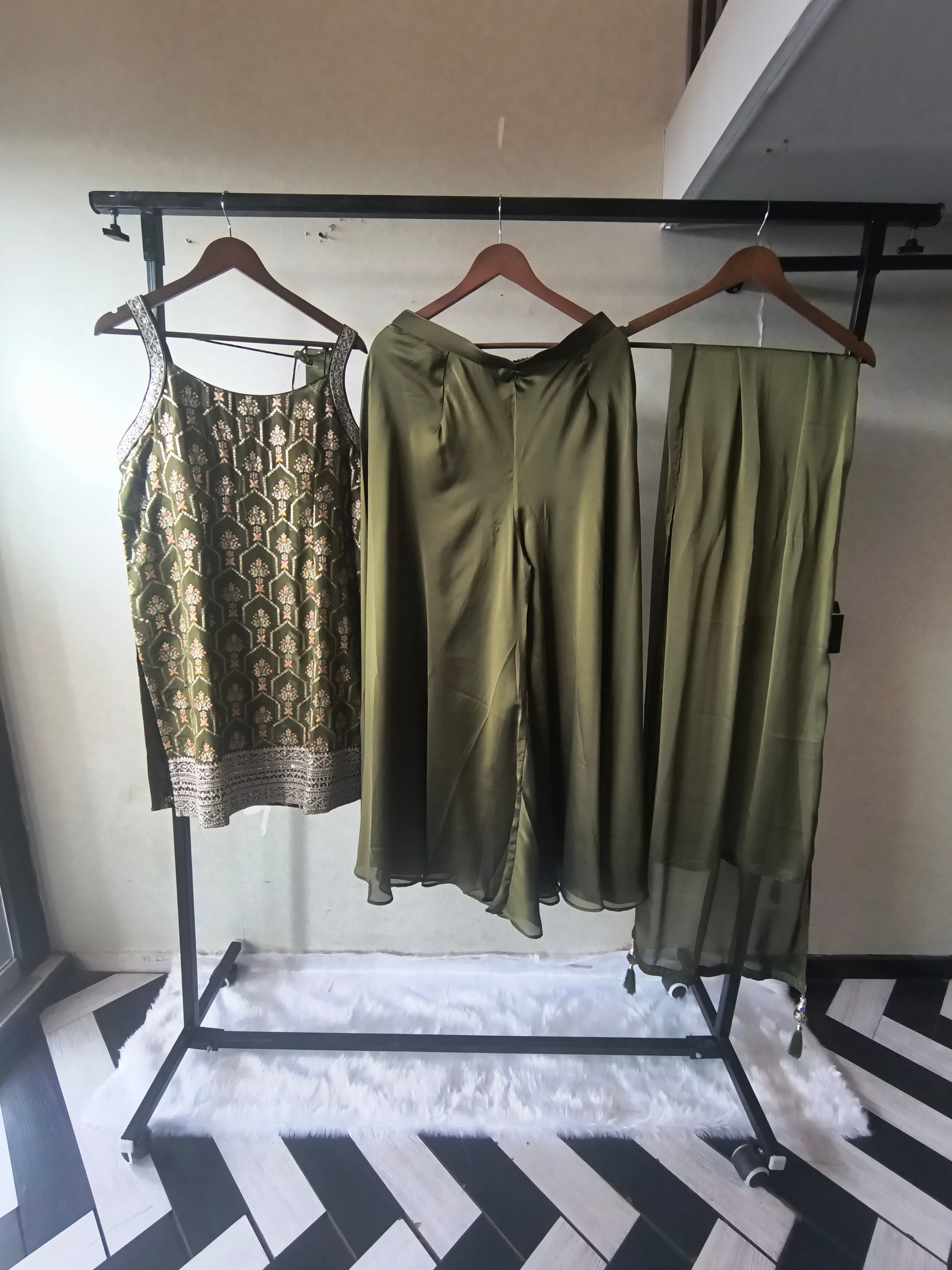 Image of Olive Green Printed Sharara Set with Embroidered Border & Dupatta – Premium 3 Piece Festive Ensemble