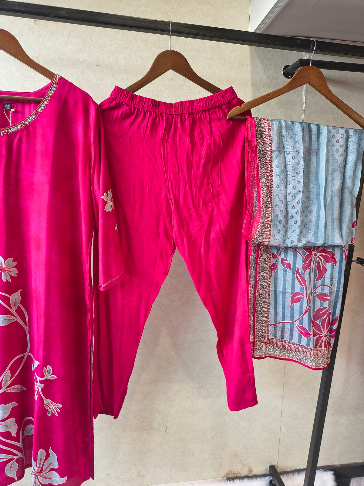 Premium Fuchsia Floral Printed Kurta Set with Embellished Neckline & Contrast Dupatta