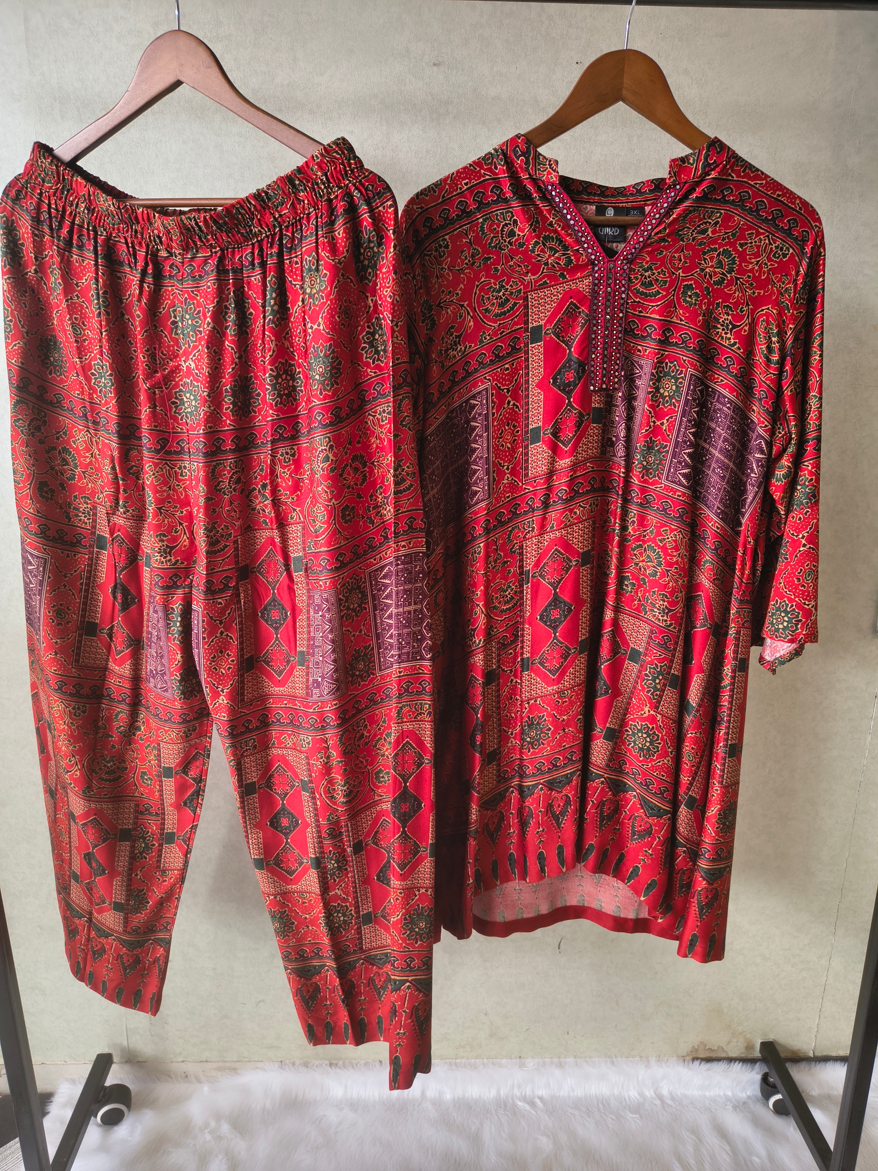 Image of Premium Rust Red Tribal Print Co-Ord Kurta Set with Straight Pants