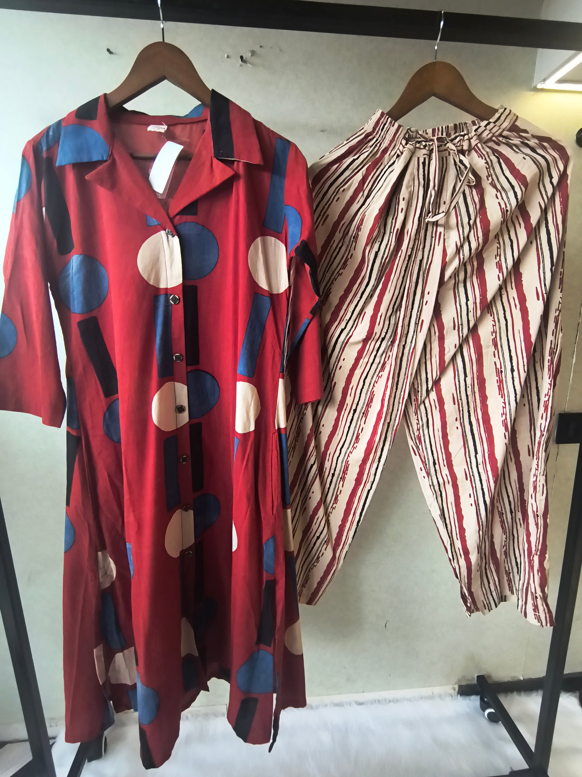 Premium Rust Red Abstract Printed Shirt Kurta with Striped Relaxed Pants Co-Ord Set