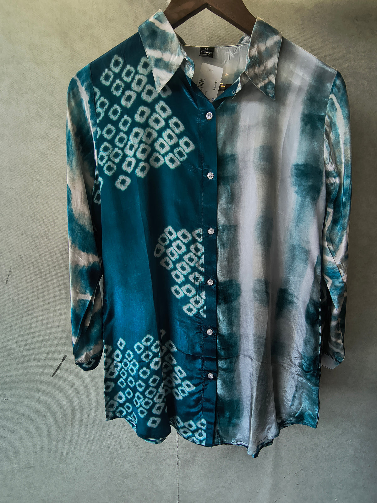Teal Shibori Print Satin Shirt Style Tunic