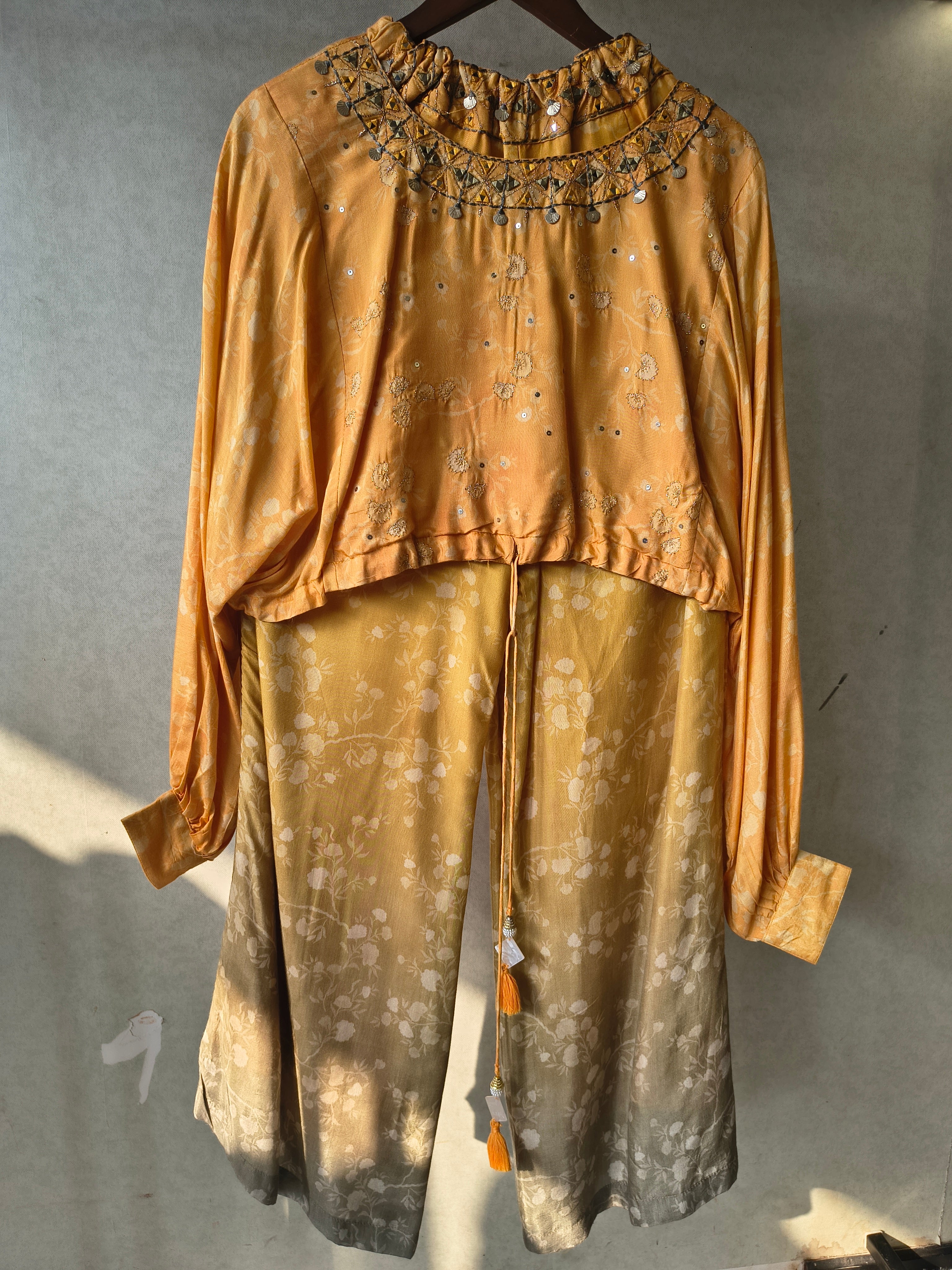 Image of Premium Sunset Ombre Embellished Crop Top & Wide-Leg Palazzo Co-Ord Set