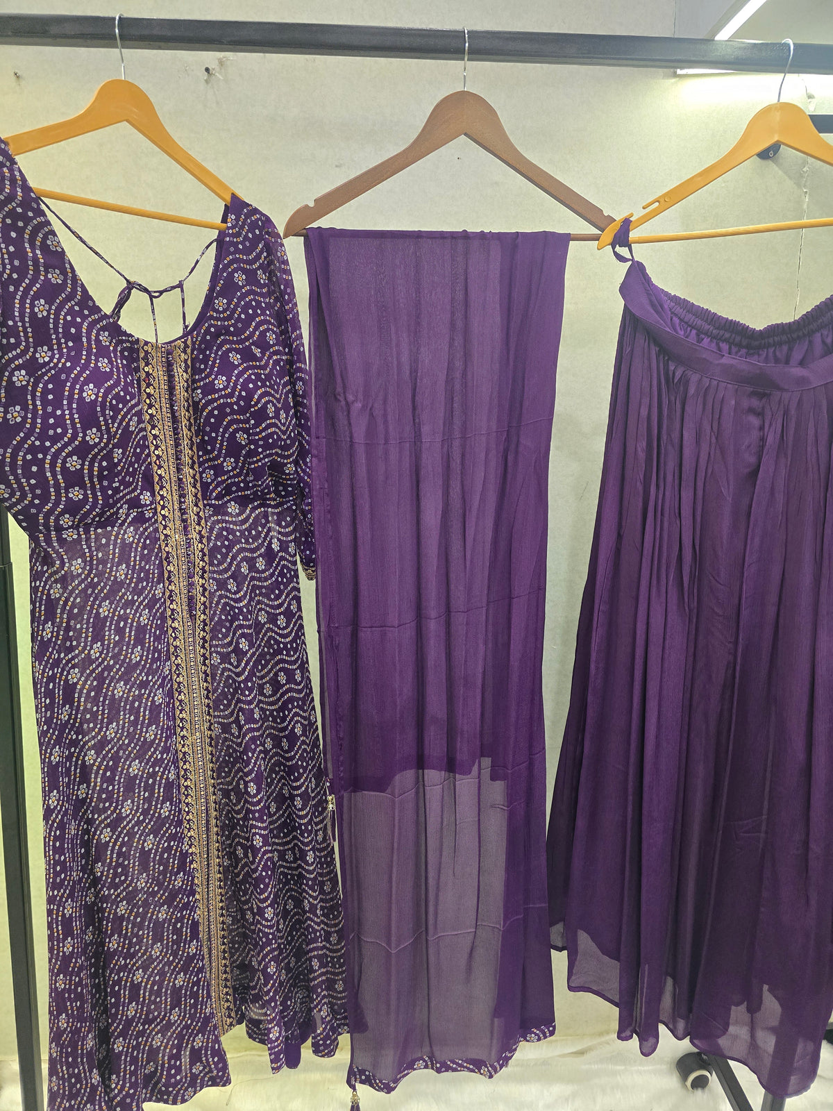 Royal Purple Bandhani Print Anarkali Kurta Set with Embellished Front Panel & Flared Palazzo | Premium 3 Piece Festive Ensemble