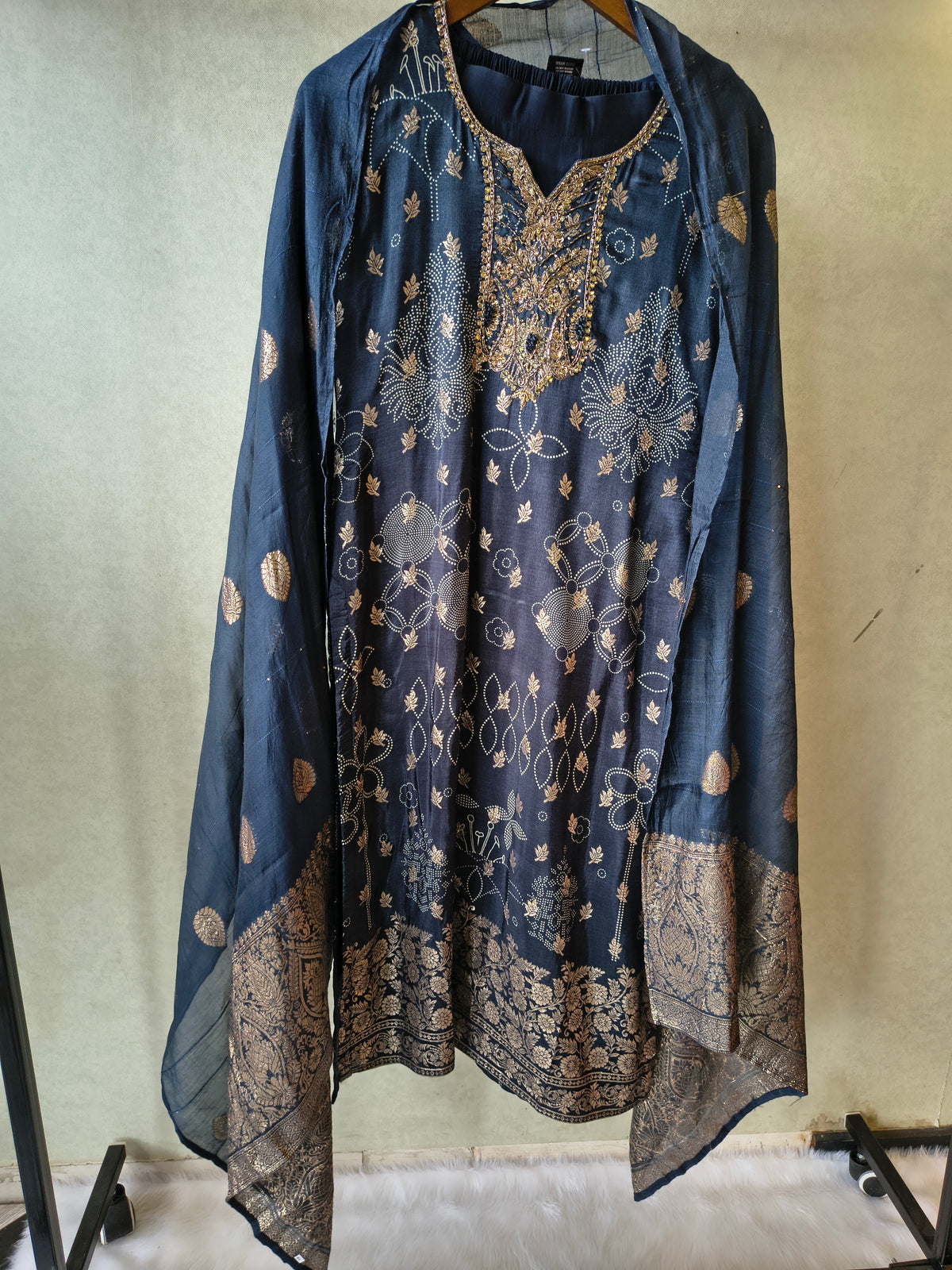 Premium Midnight Blue Zari Printed Kurta Set with Banarasi Dupatta