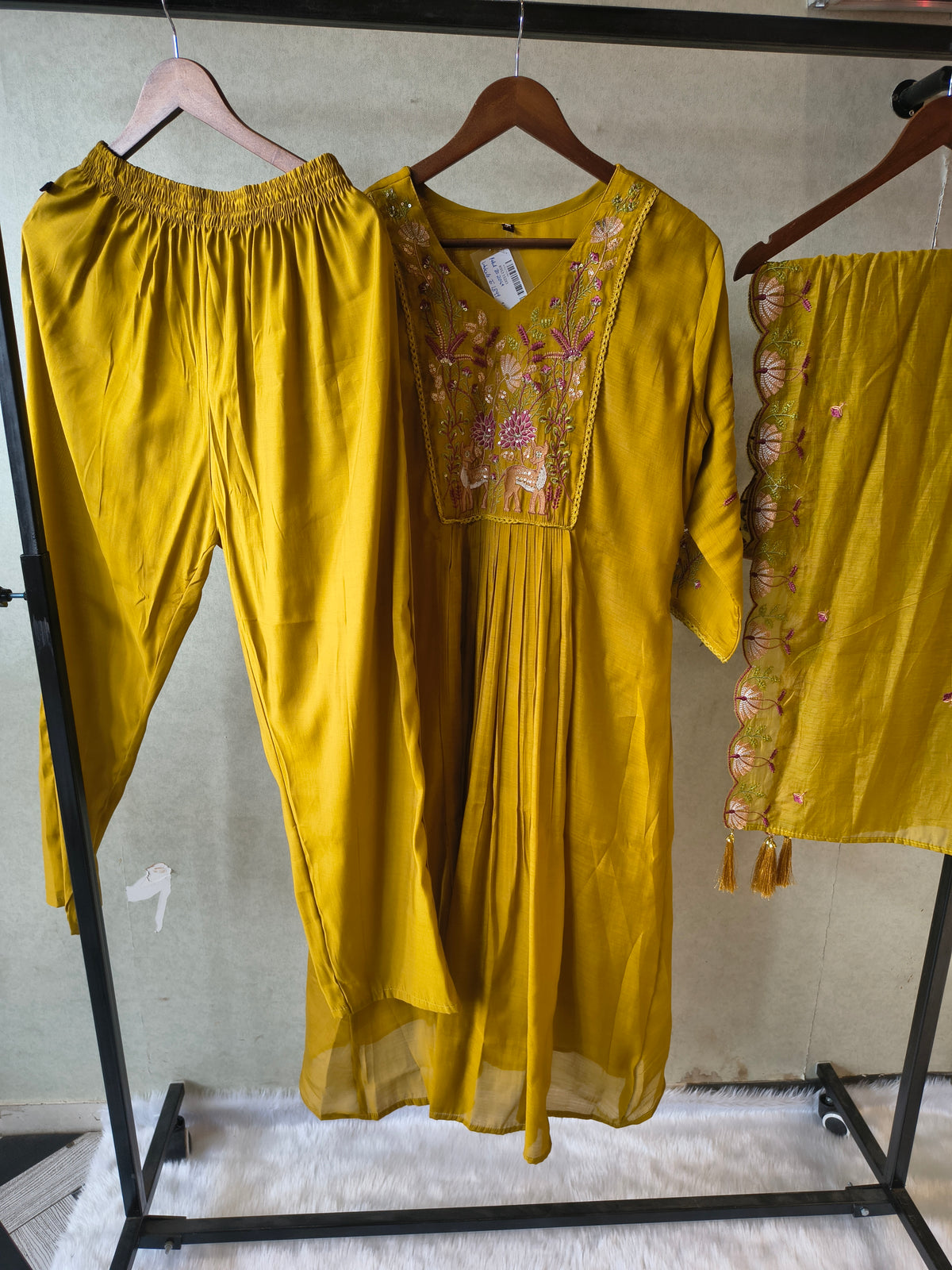 Mustard Yellow Cotton Blend 3-Piece Suit Set with Floral Embroidered Yoke & Tassel Dupatta