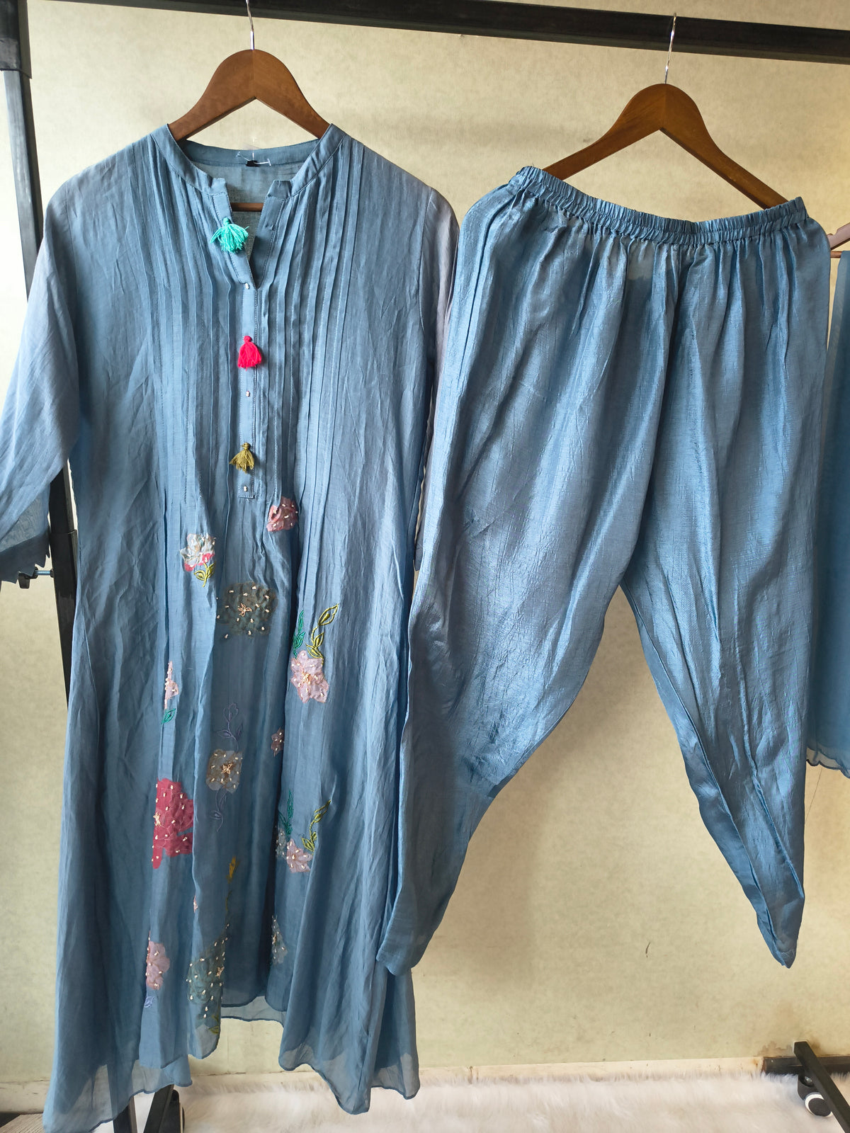 Premium Steel Blue Embroidered Straight Kurta with Dhoti Pants & Embroidered Organza Dupatta Set