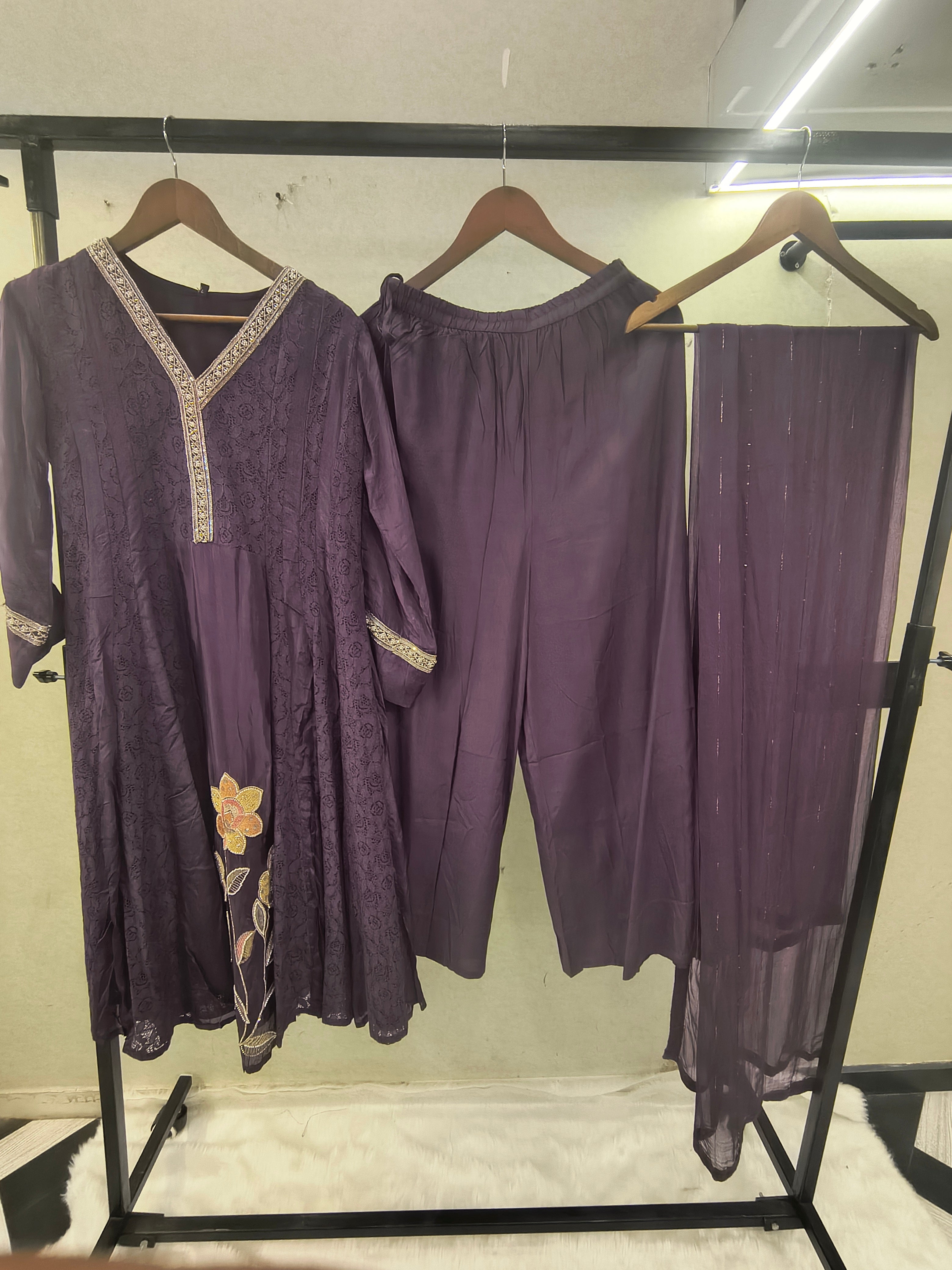 Image of Royal Purple Designer Lace Panel Anarkali Kurta Set with Floral Embroidery & Sheer Dupatta | Premium 3 Piece Festive Ensemble
