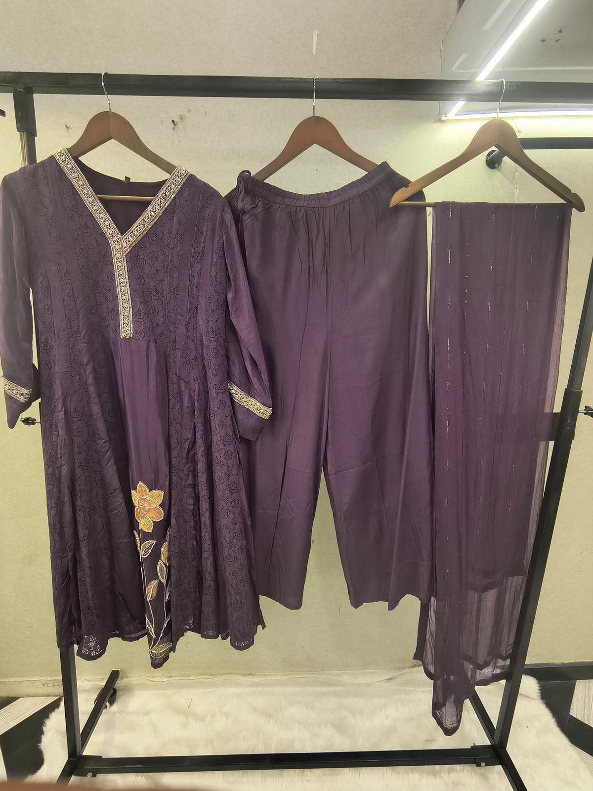 Royal Purple Designer Lace Panel Anarkali Kurta Set with Floral Embroidery & Sheer Dupatta | Premium 3 Piece Festive Ensemble