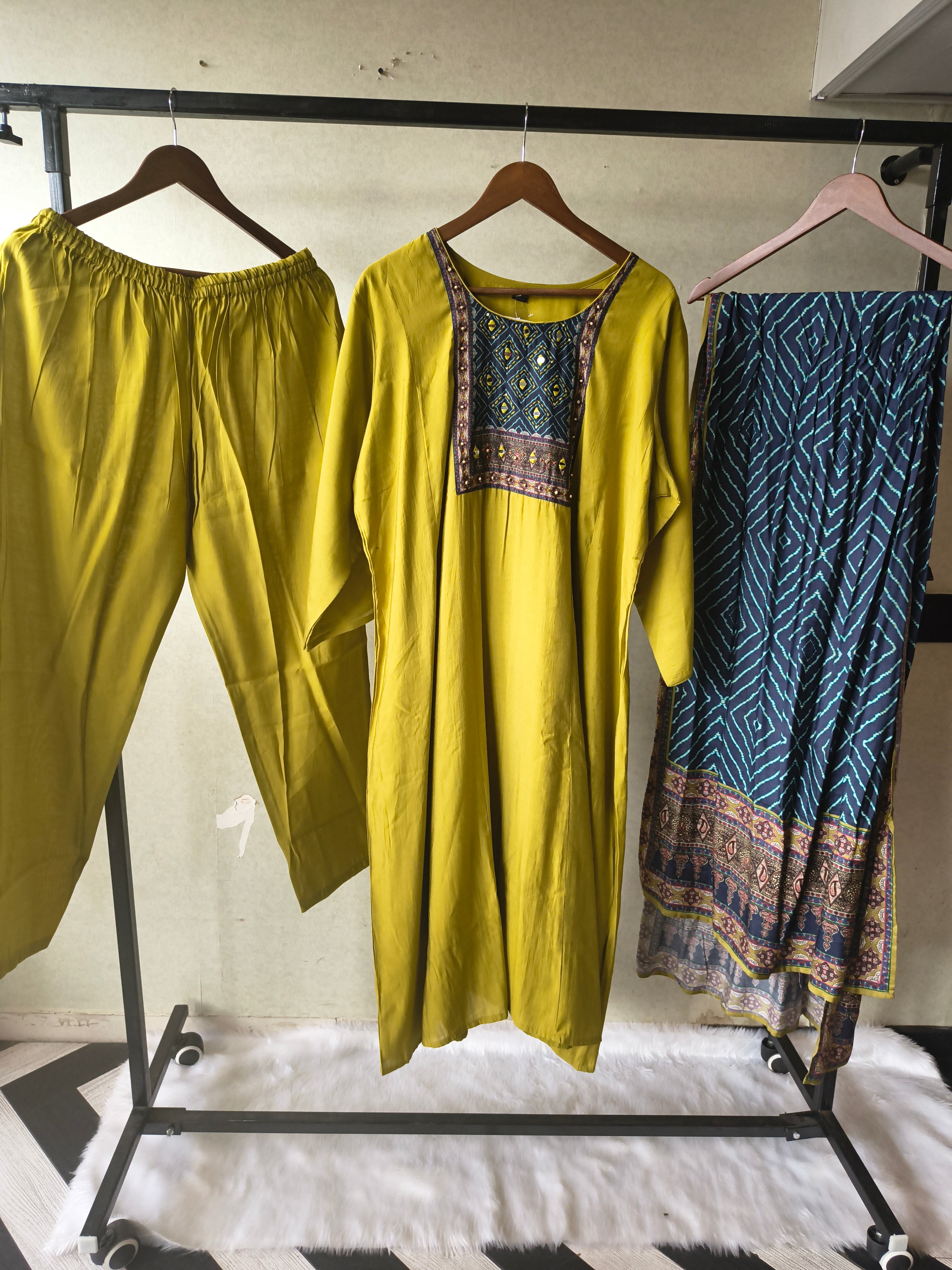 Image of Premium Olive Green Straight Kurta Set with Designer Woven Yoke, Solid Pants & Geometric Printed Dupatta