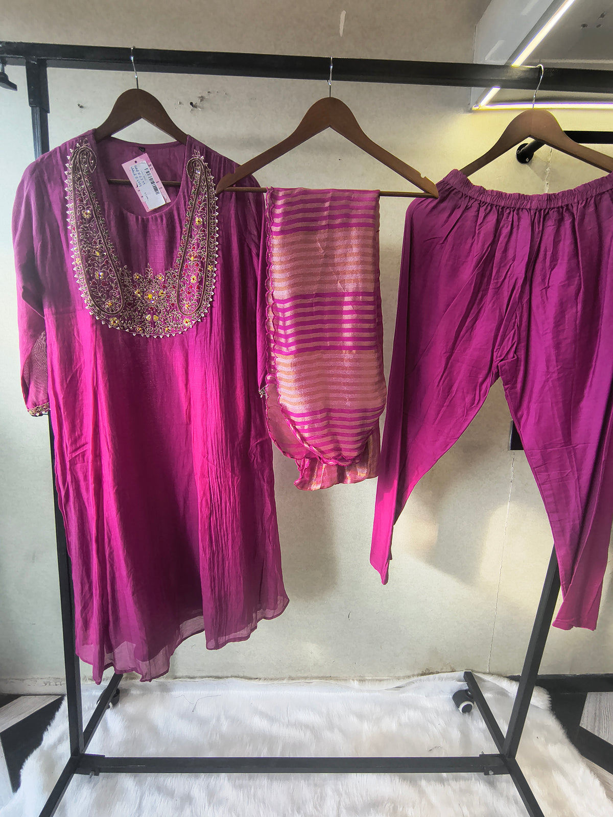 Magenta Embroidered Straight Kurta Set with Heavy Handcrafted Yoke, Striped Organza Dupatta & Premium 3 Piece Ethnic Ensemble